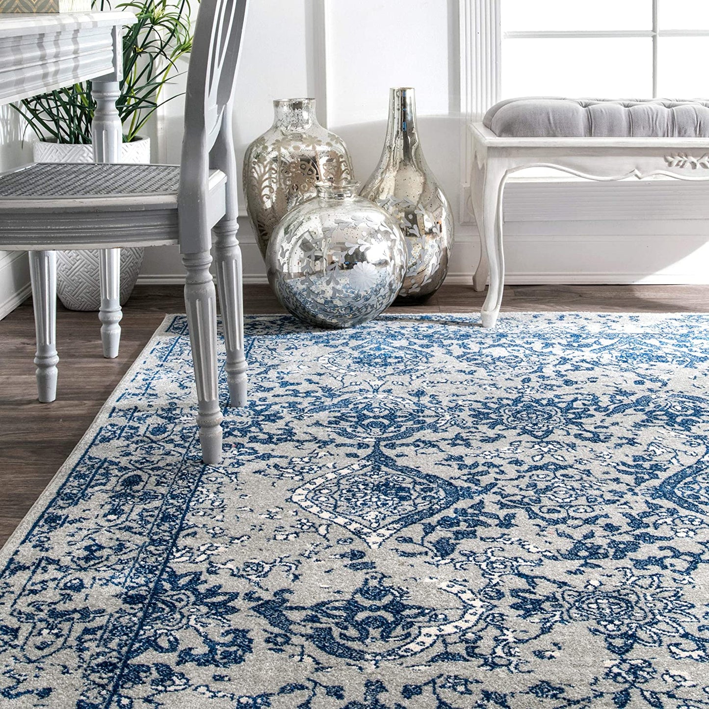 Faded Vintage Floral Damask Distressed Light Blue Soft Area Rug
