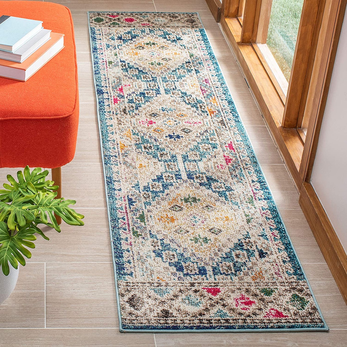 Boho Diamond Distressed Area Rug, Dark Blue/Yellow