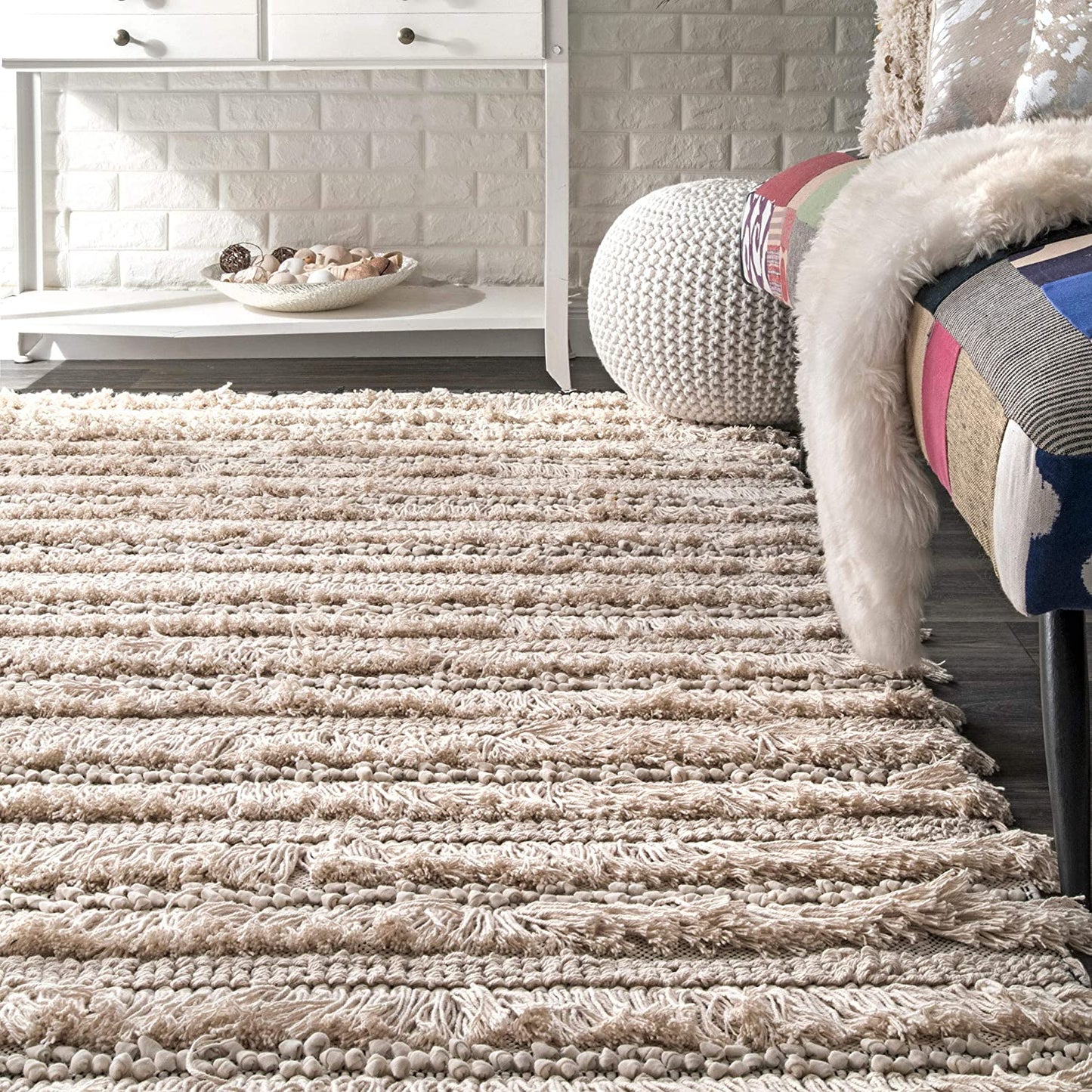 Emerita Tassel Shag Area Rug, Beige