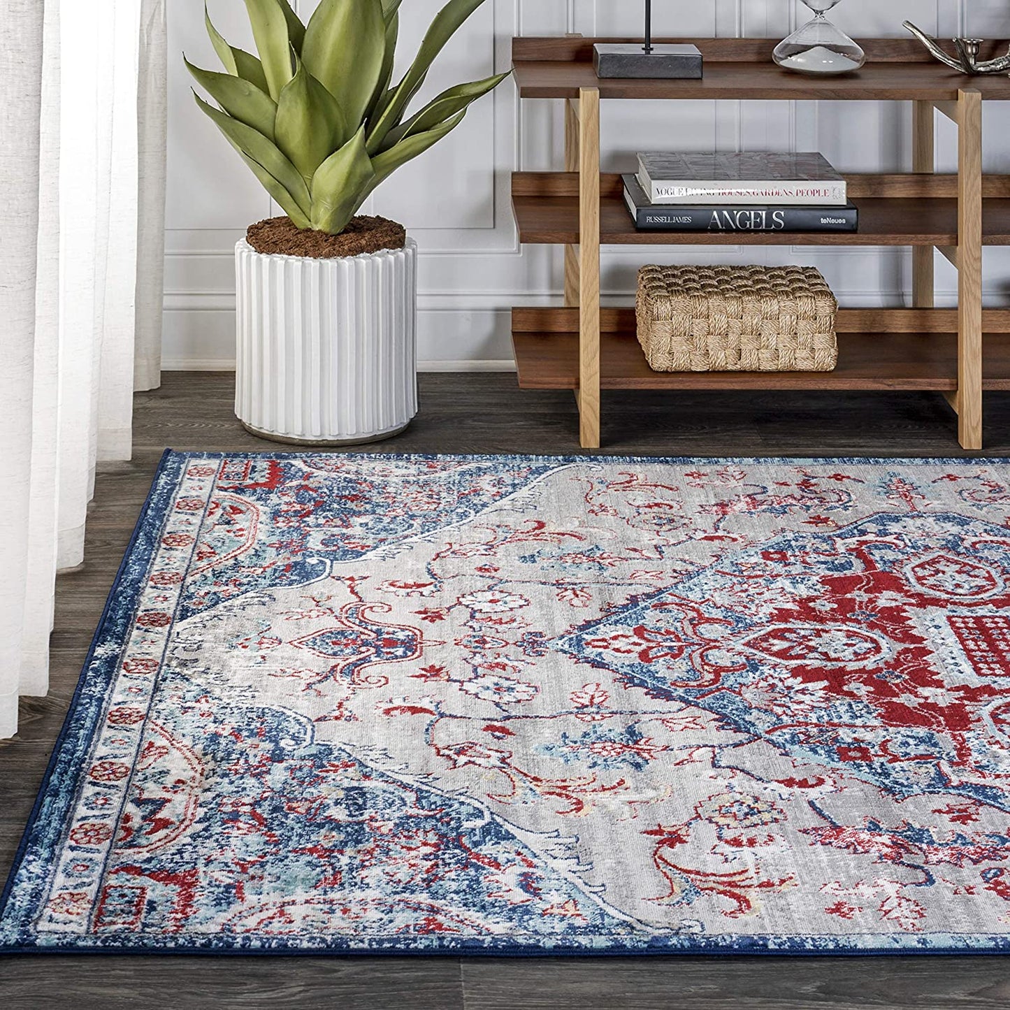Modern Persian Vintage Medallion Red/Navy Soft Area Rug