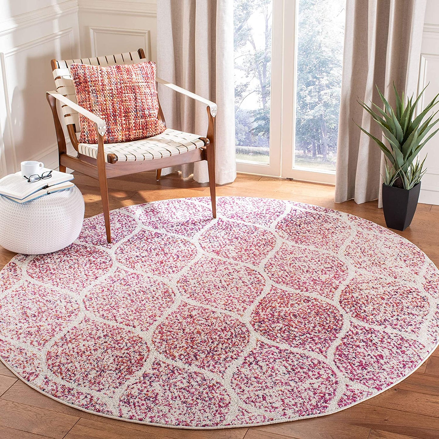 Geometric Trellis Distressed Cream/Fuchsia Soft Area Rug