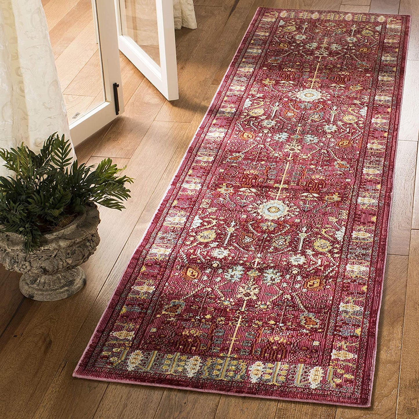 Boho Chic Distressed Area Rug, Fuchsia / Multi