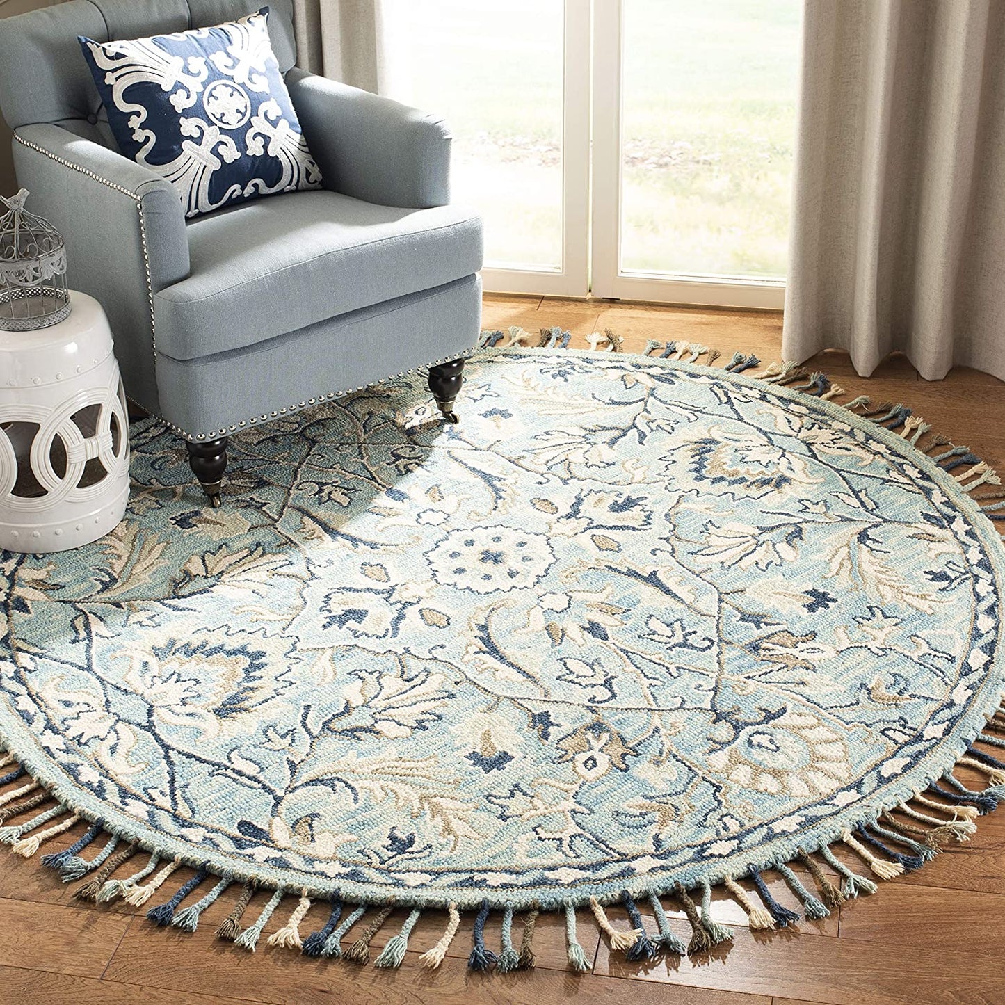 Blossom Collection Handmade Tassel Premium Wool Accent Rug Blue / Ivory