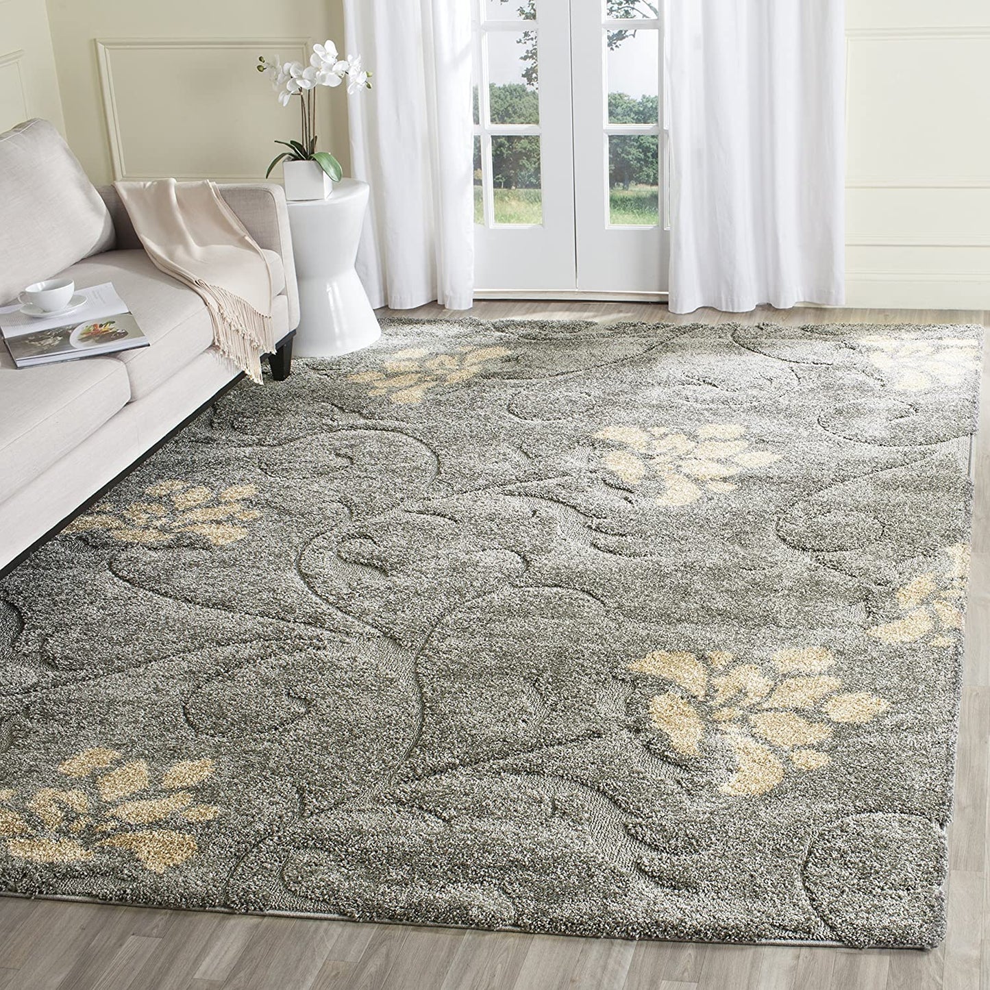 Grey and Beige Floral Shag Soft Pluah Area Rug
