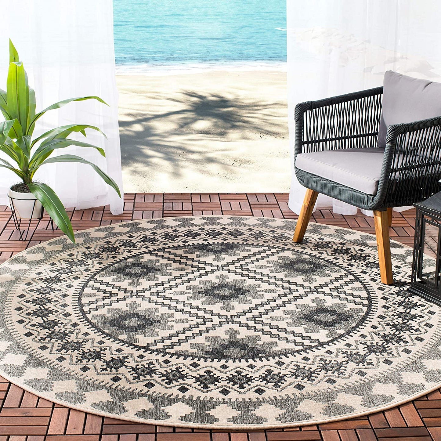 Boho Indoor/ Outdoor Patio Backyard Area Rug, Ivory / Slate