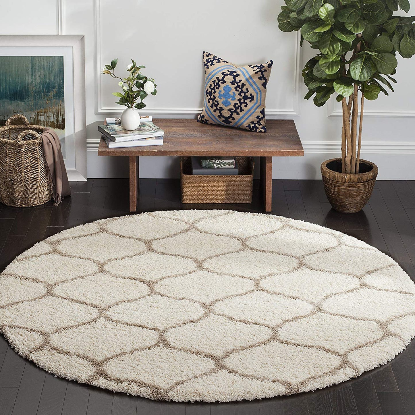 Moroccan Pattern Ivory Beige Plush Shag Area Rug