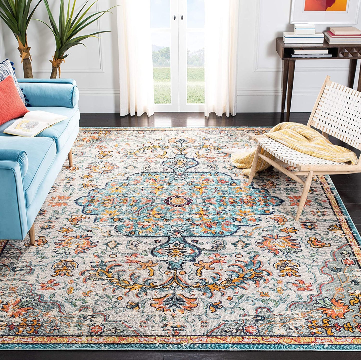 Boho Chic Vintage Medallion Distressed Area Rug, Grey/Light Blue