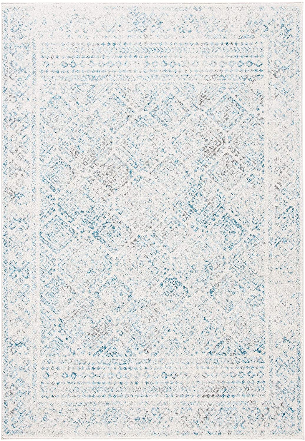 Moroccan Boho Distressed Area Rug, Ivory / Turquoise