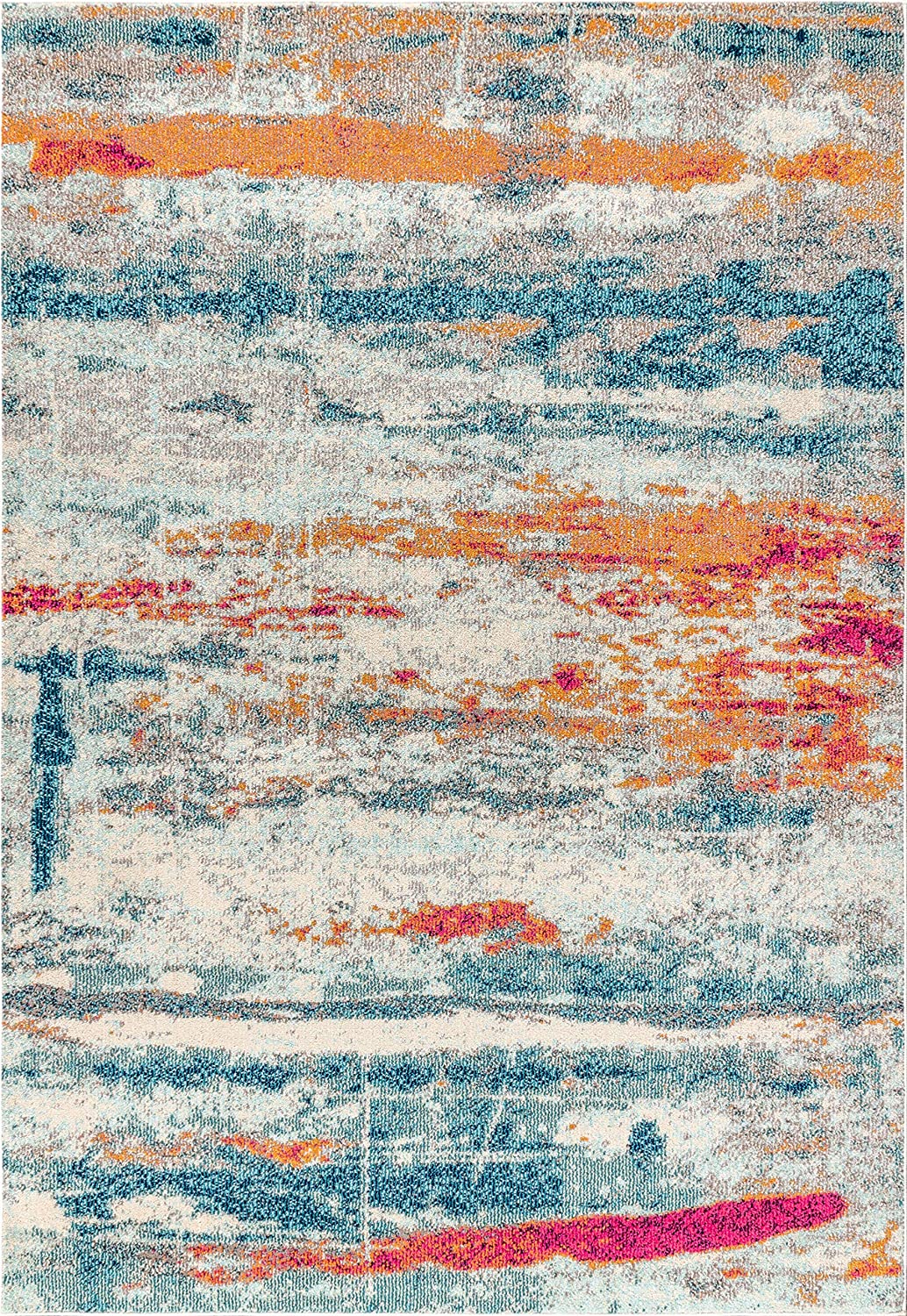 Contemporary Modern Abstract Brushstroke Cream/Blue Rug