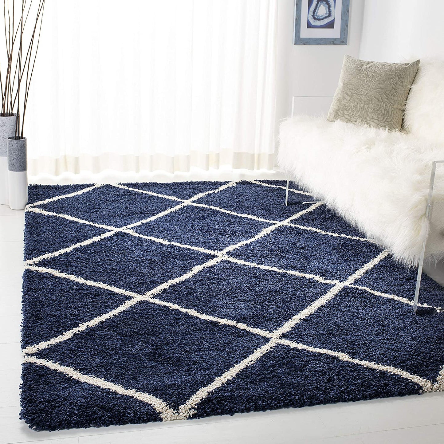Diamond Trellis Navy/Ivory Soft Plush Shag Area Rug 2-inch Thick