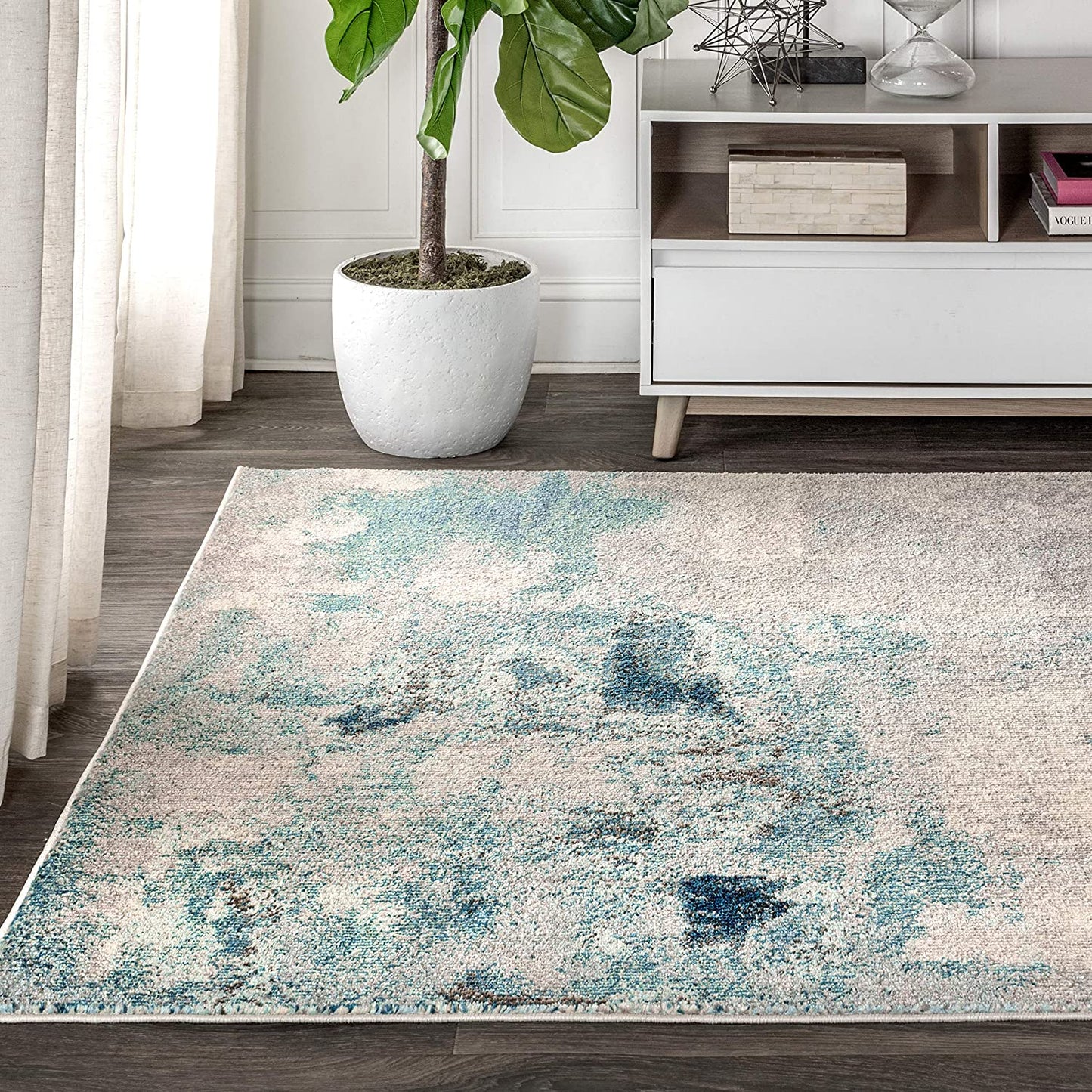 Contemporary Modern Abstract Vintage Area Rug Cream/Blue