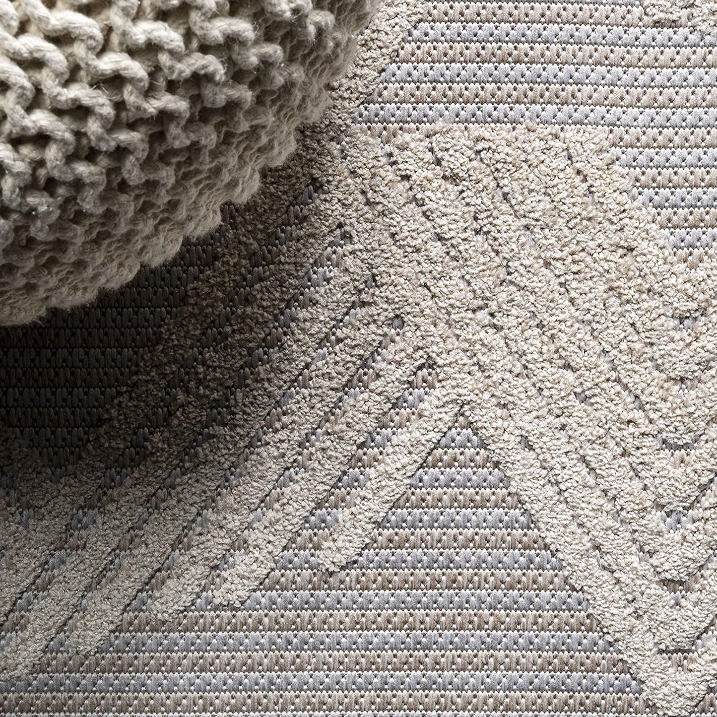 Jazz High-Low Pile Art Deco Geometric Indoor/Outdoor Beige Area Rug