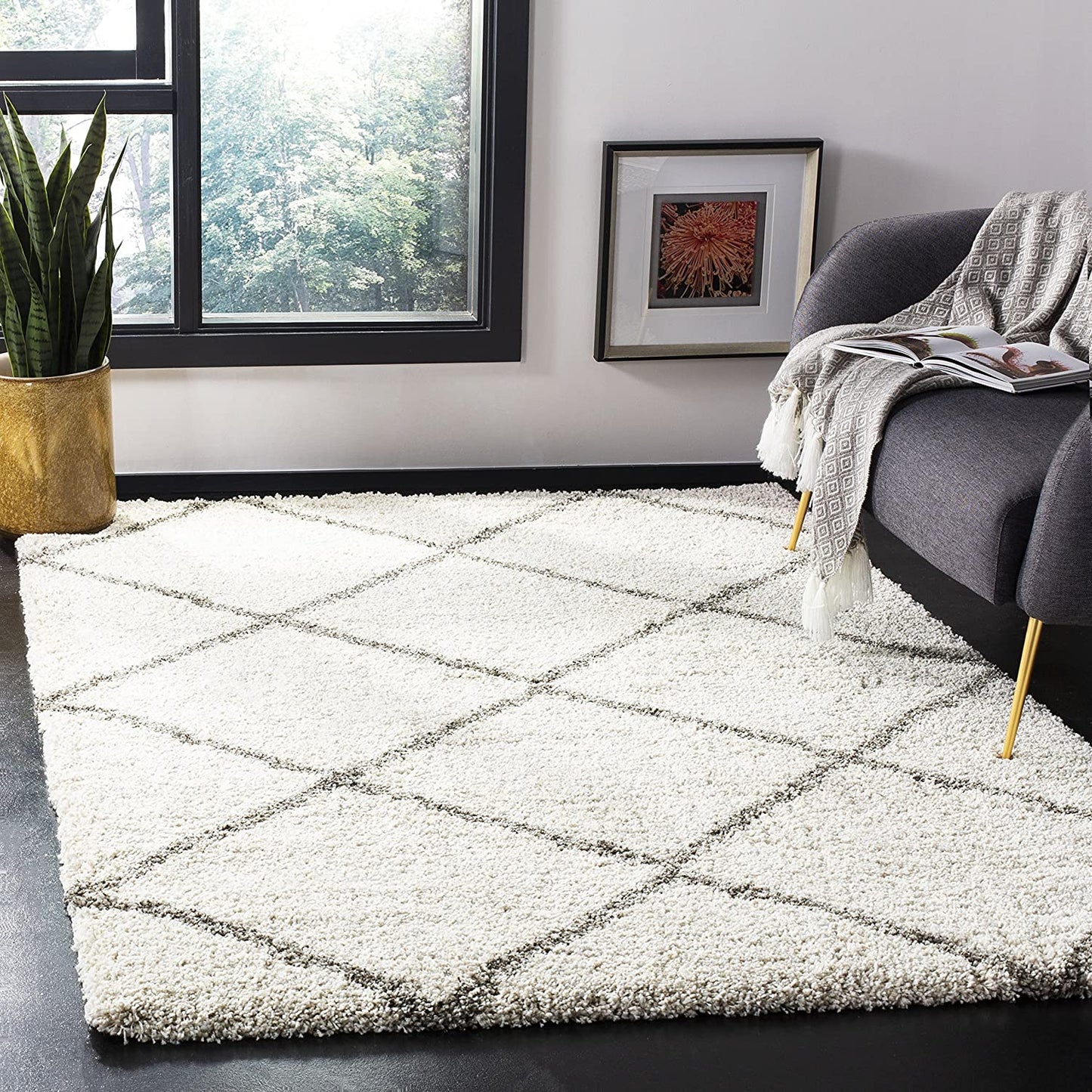 Diamond Trellis Ivory/Grey Soft Plush Area Rug 2-inch Thick