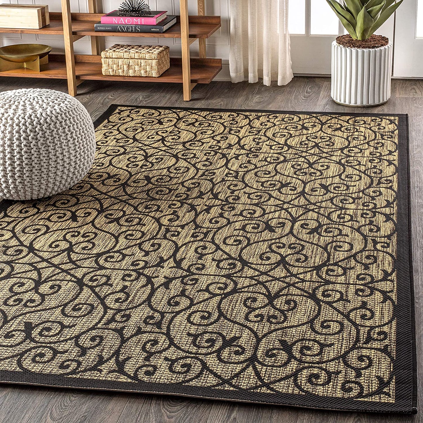 Madrid Vintage Filigree Textured Weave Indoor/Outdoor Black/Khaki Area Rug