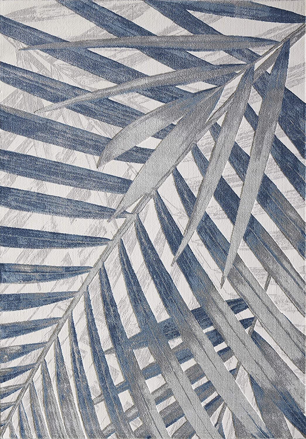 Blue Grey & Beige Floral Palm Leaf Pattern Modern Eclectic Rug
