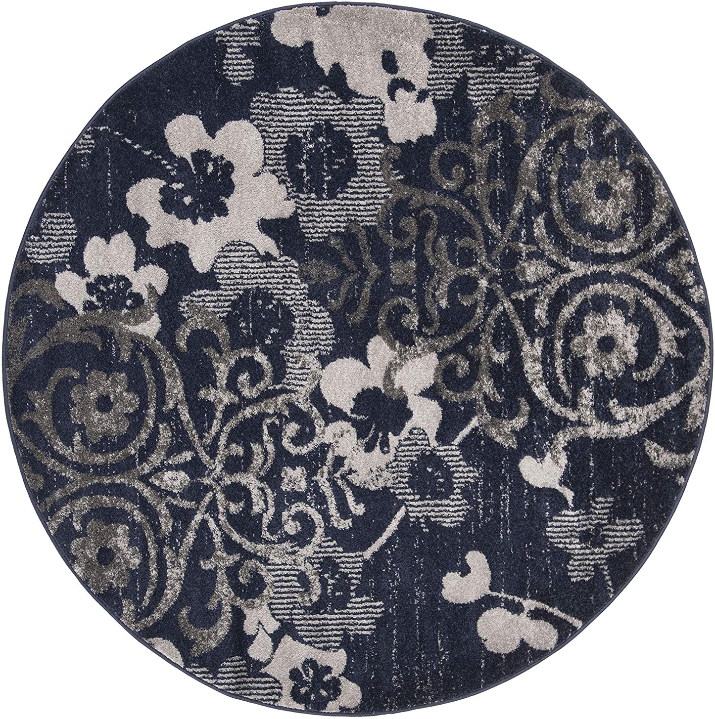 Navy Blue Silver Contemporary Chic Damask Soft Area Rug
