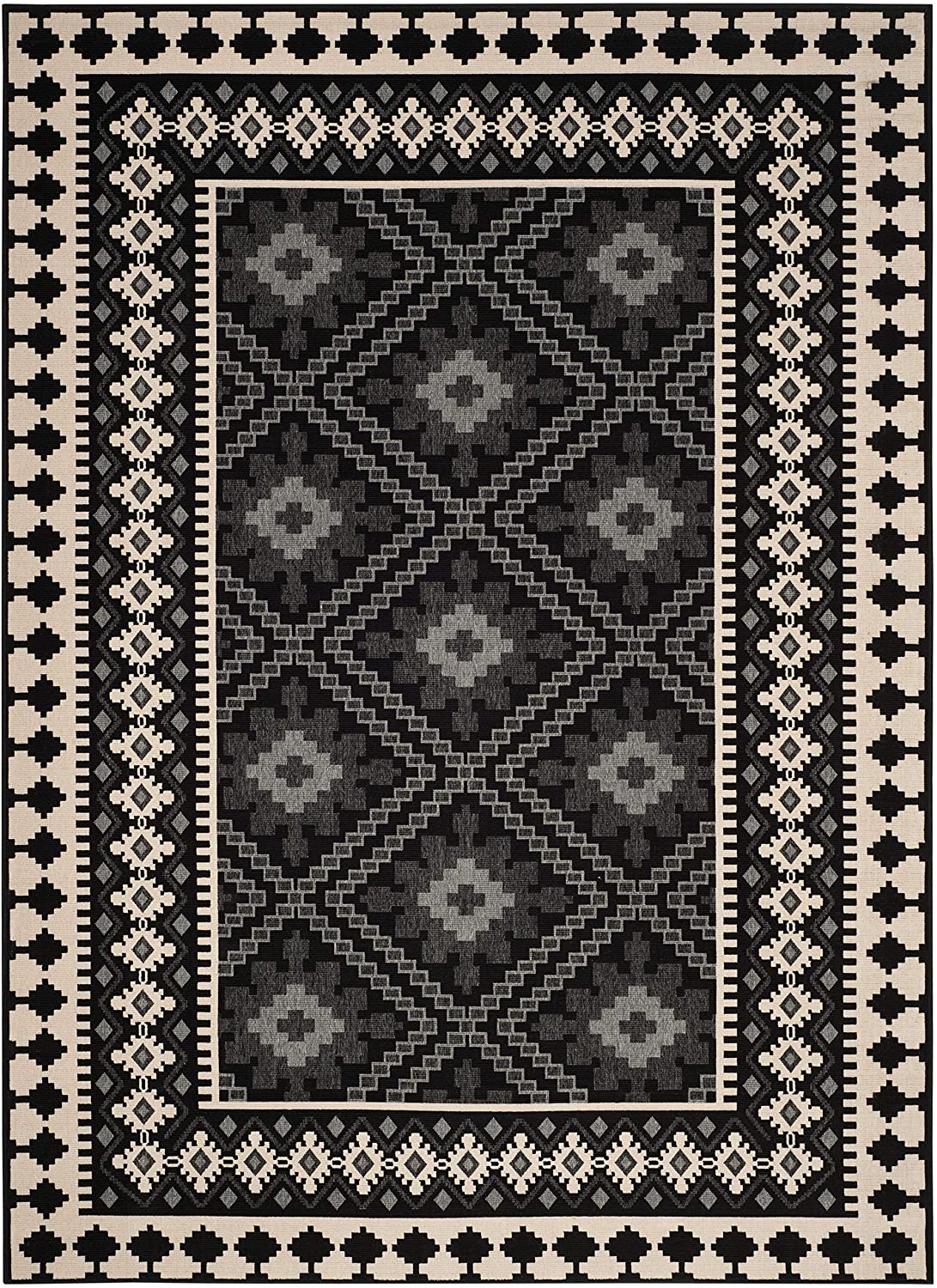 Boho Indoor/ Outdoor Patio Backyard Area Rug, Black / Cream