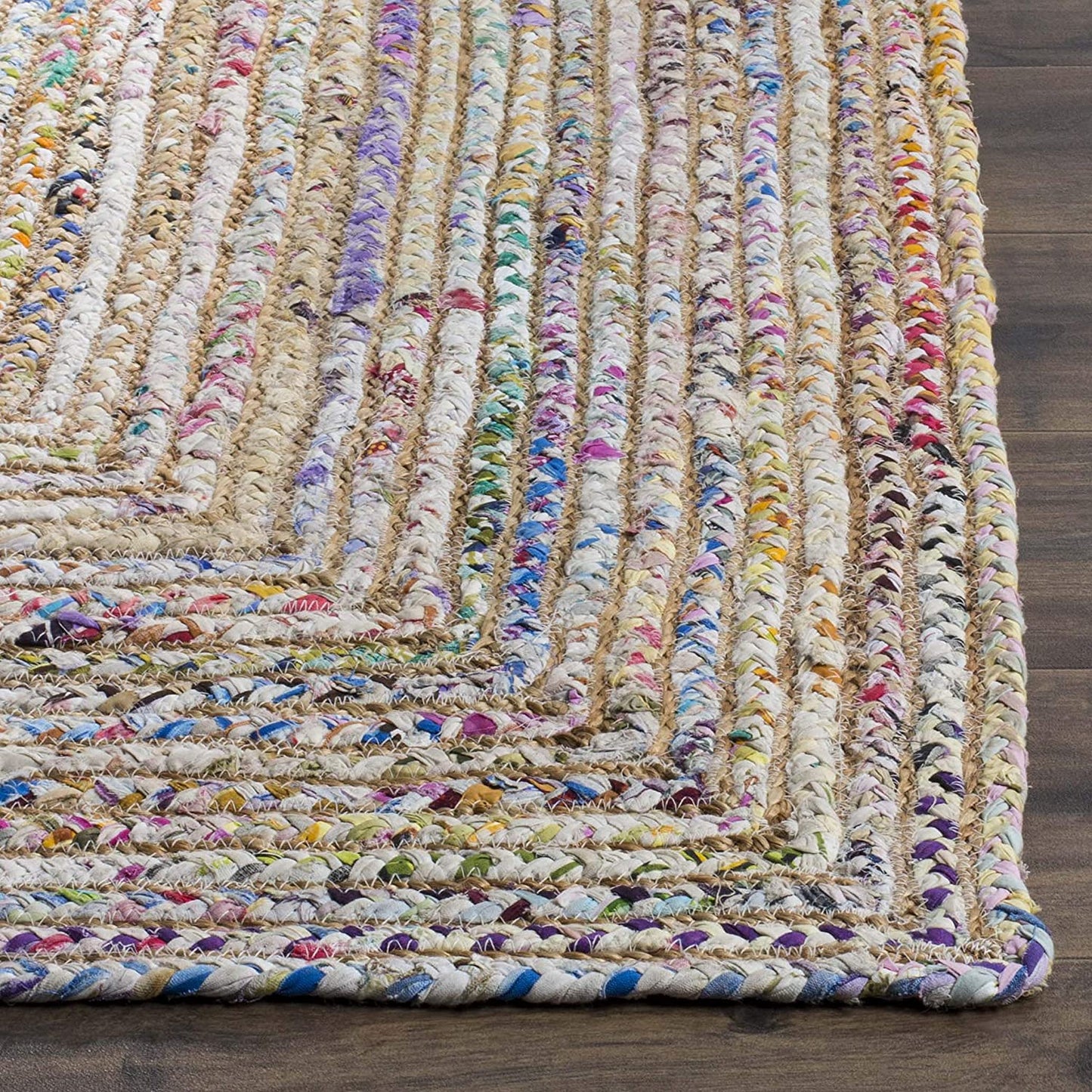 Handmade Boho Braided Jute Cotton Area Rug, Beige / Multi