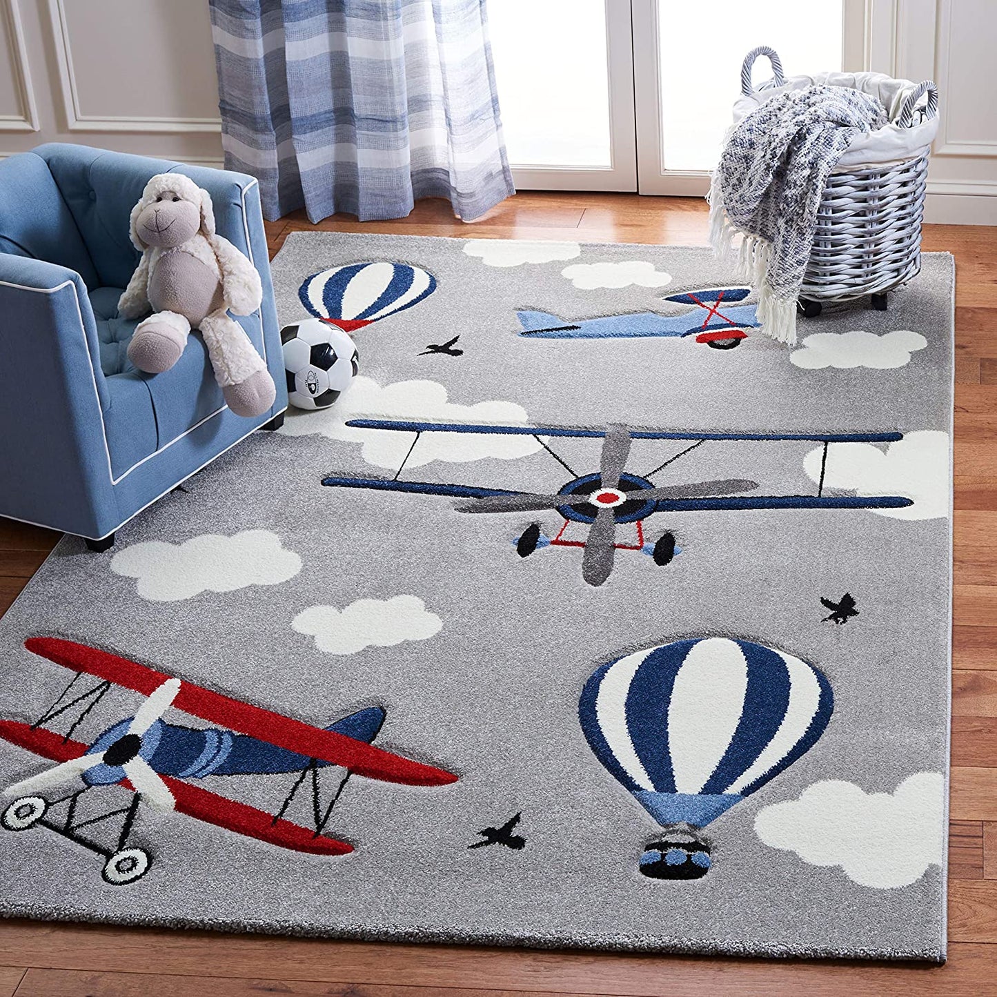 Carousel Kids Collection Airplane Hot Air Balloon Non-Shedding Area Rug Light Grey/Red