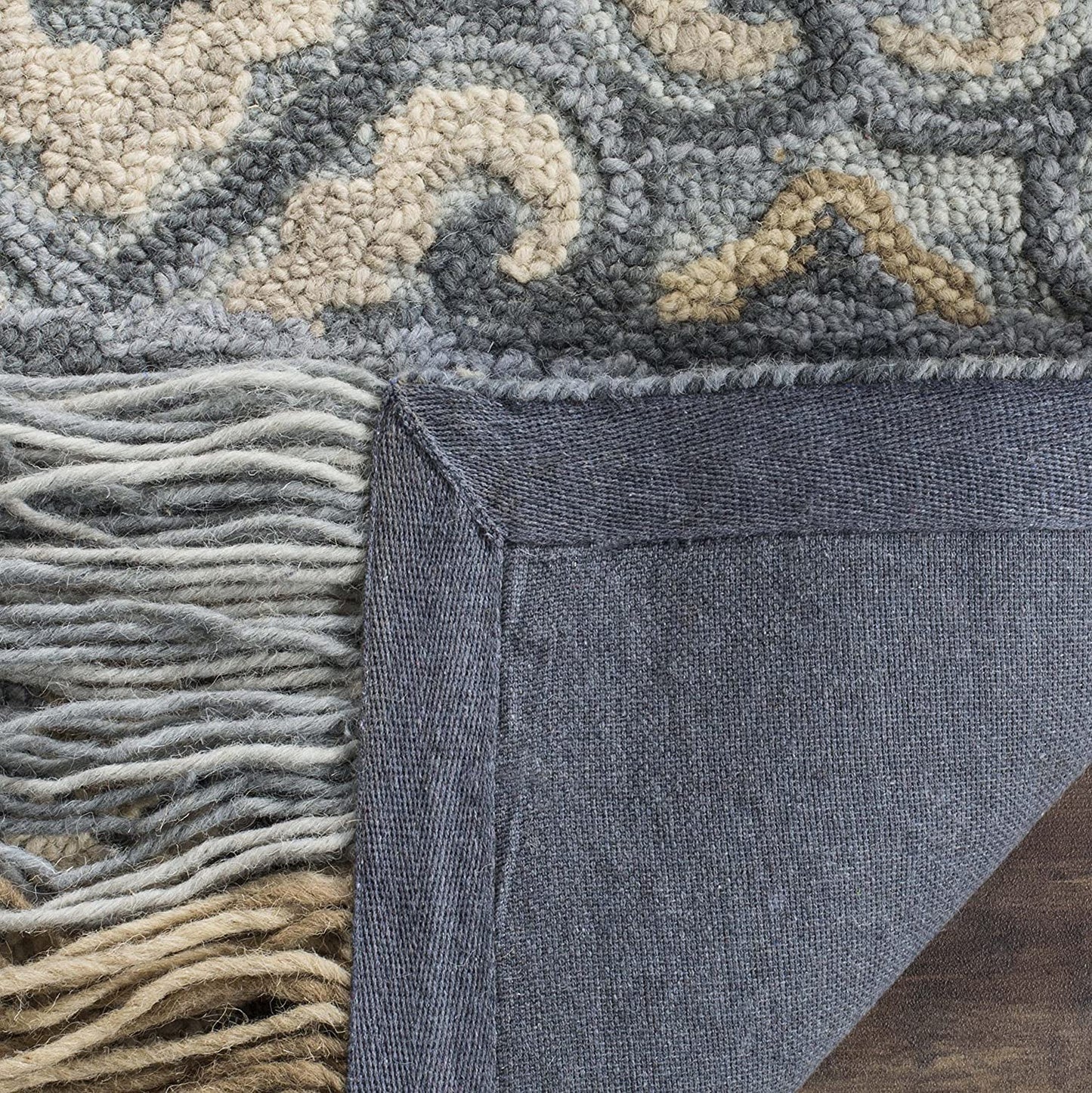 Blossom Collection BLM420A Handmade Fringe Premium Wool Area Rug, Light Beige / Blue