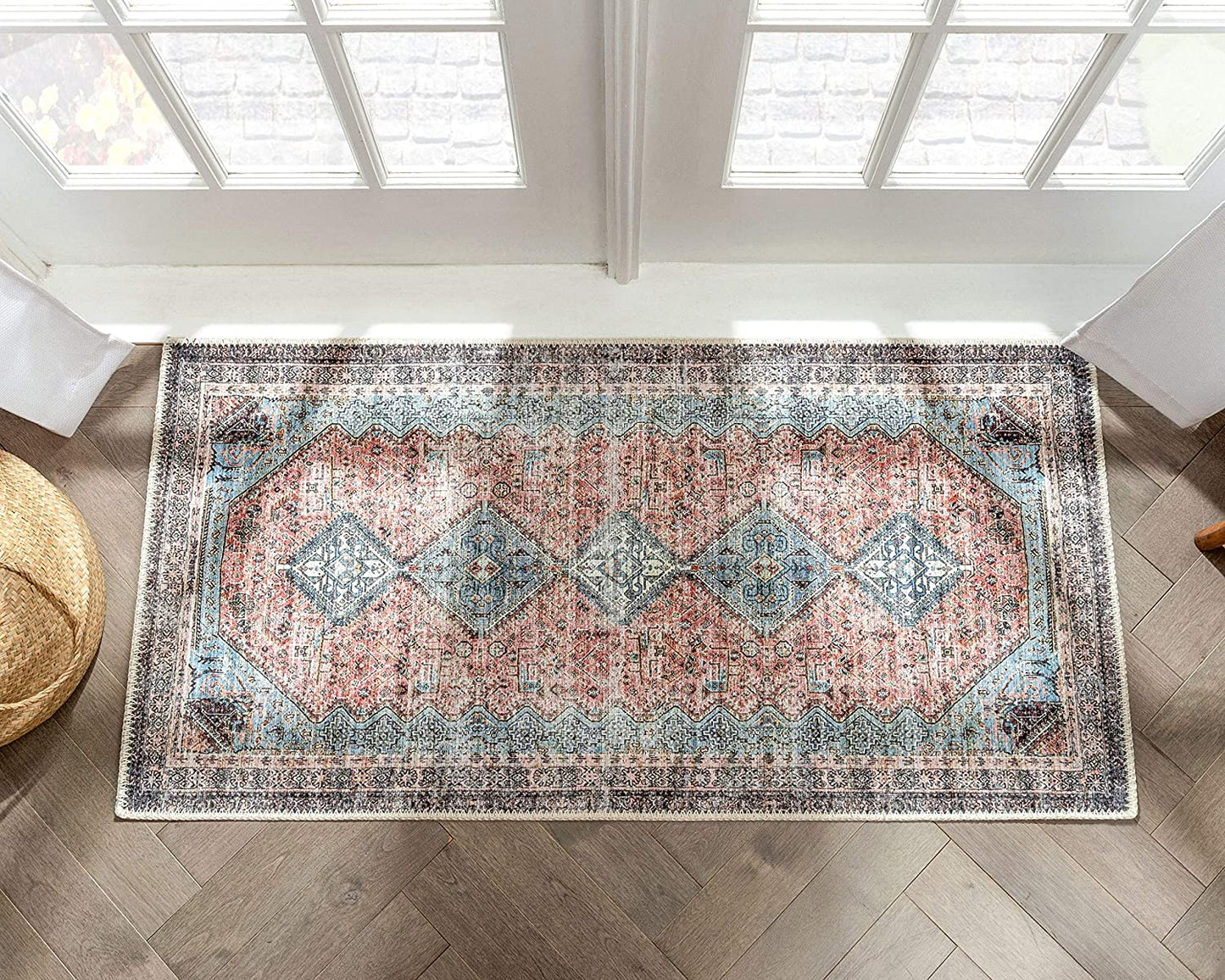 Light Blue Machine Washable Distressed Vintage Soft Area Rug