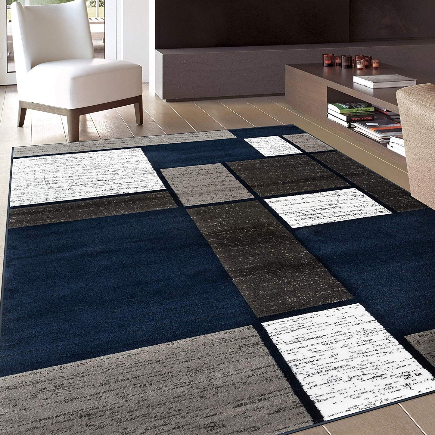 Box Pattern Navy Grey White Soft Area Rug
