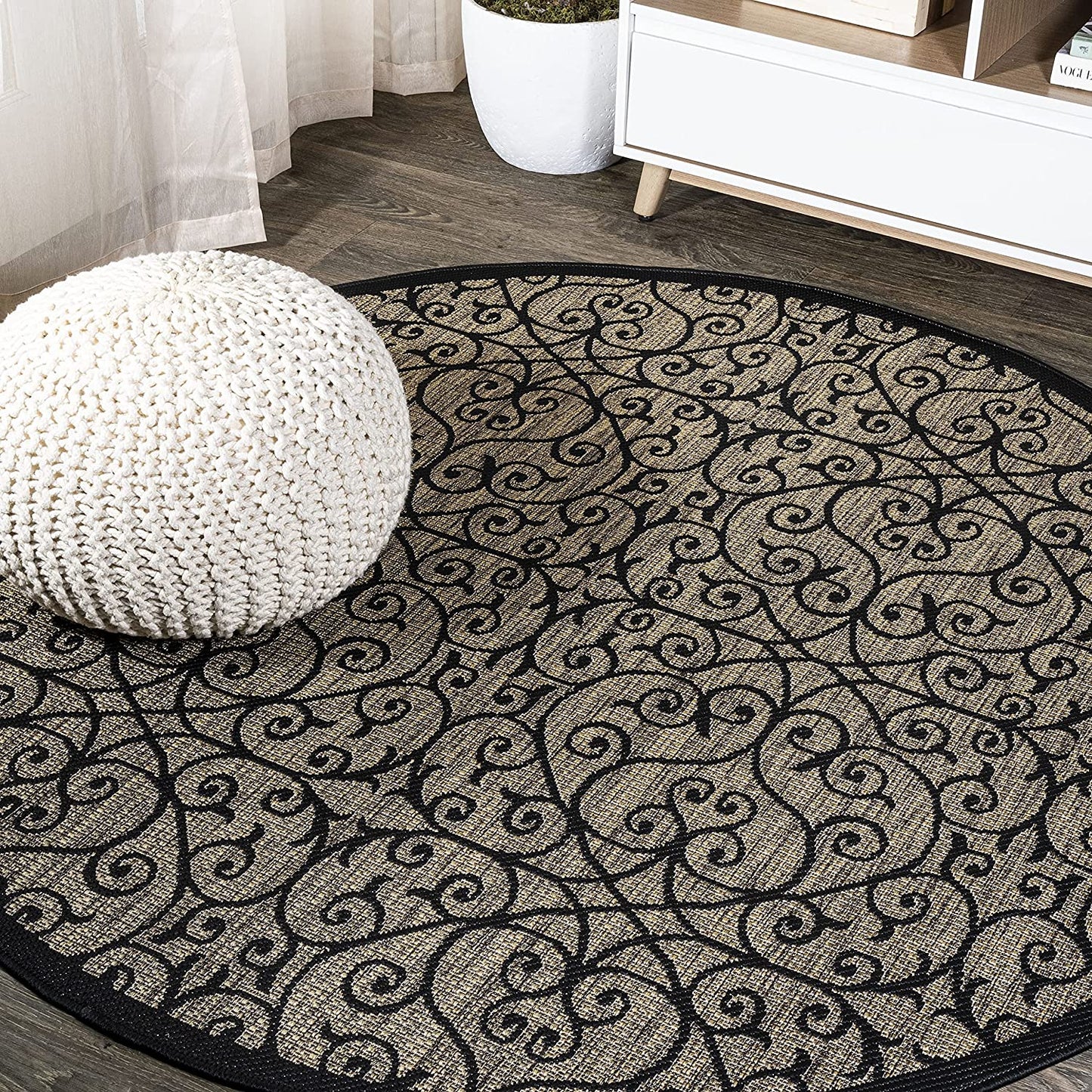 Madrid Vintage Filigree Textured Weave Indoor/Outdoor Black/Khaki Area Rug
