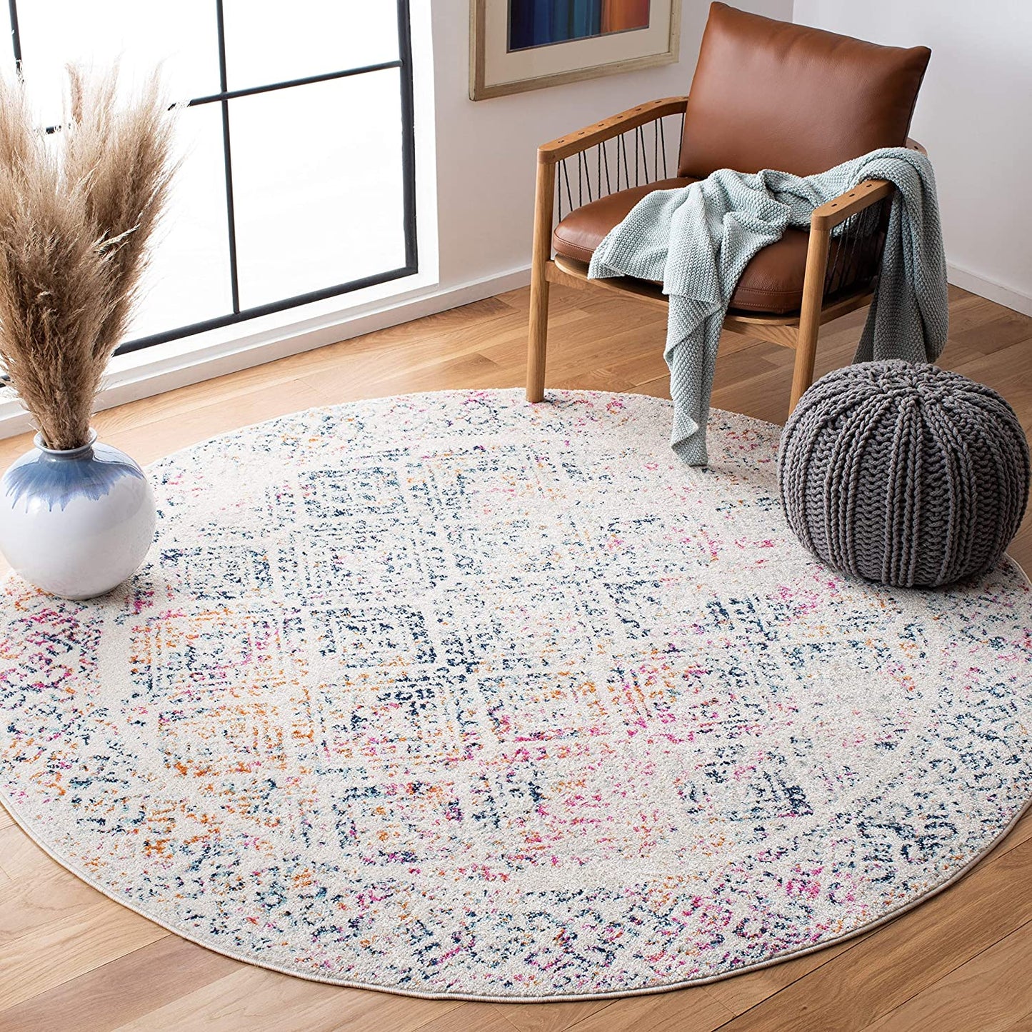 Moroccan Boho Distressed Ivory / Dark Blue Soft Area Rug