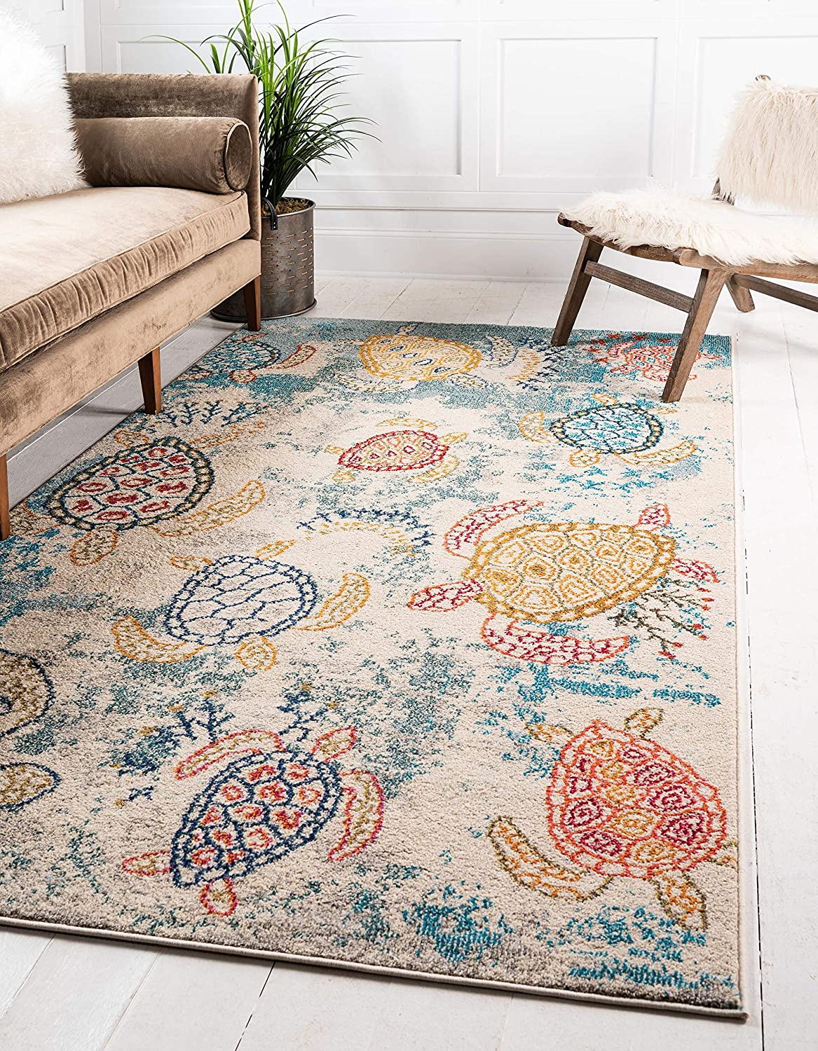 Coastal Modern Turtles Rug, Beige/Blue