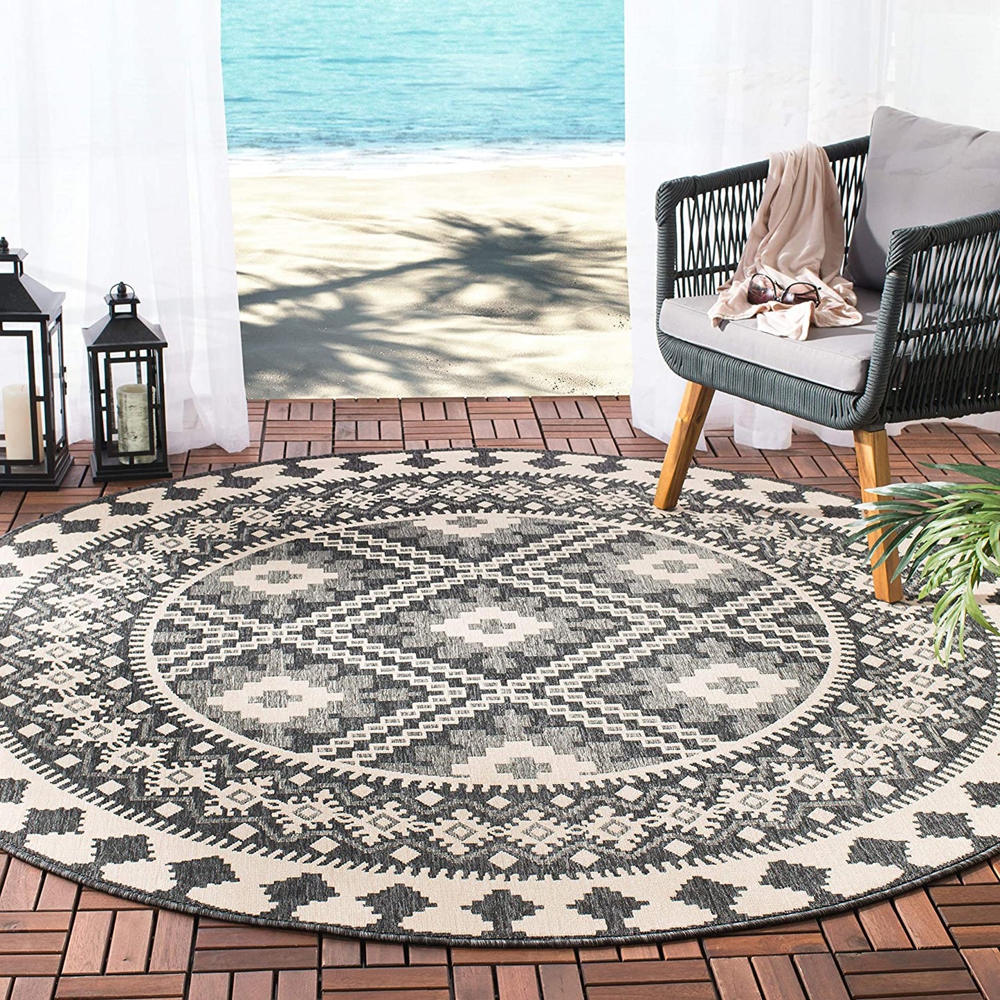 Boho Indoor/ Outdoor Patio Backyard Area Rug, Ivory / Grey