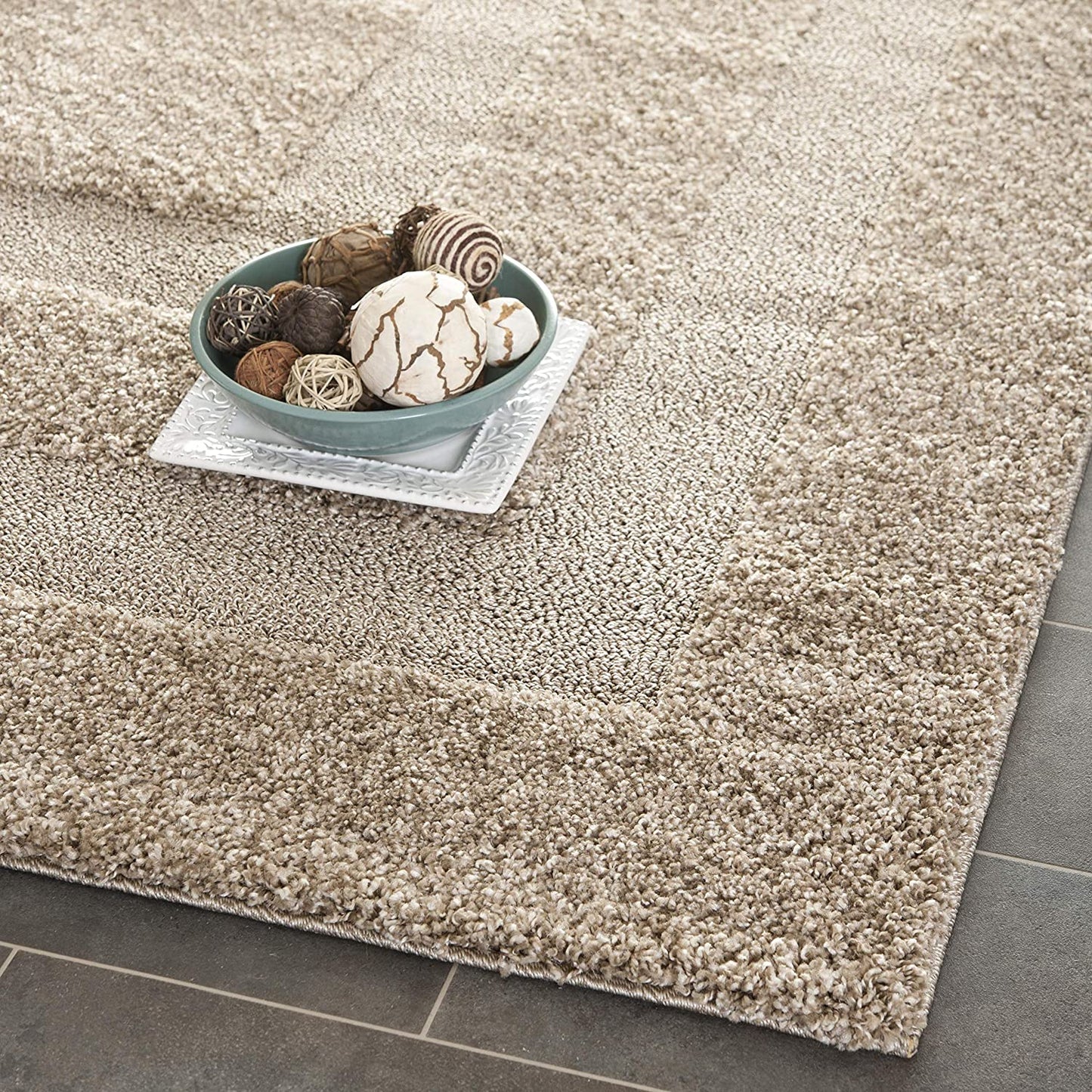 Box Border Beige Thick Plush Shag Area Rug