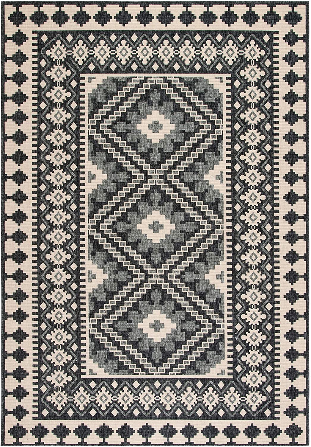Boho Indoor/ Outdoor Patio Backyard Area Rug, Ivory / Grey