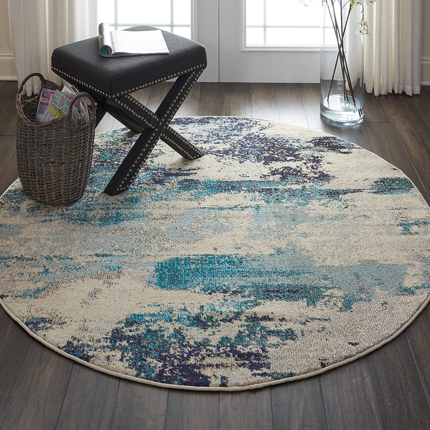 Modern Abstract Area Rug,  Ivory/Teal Blue