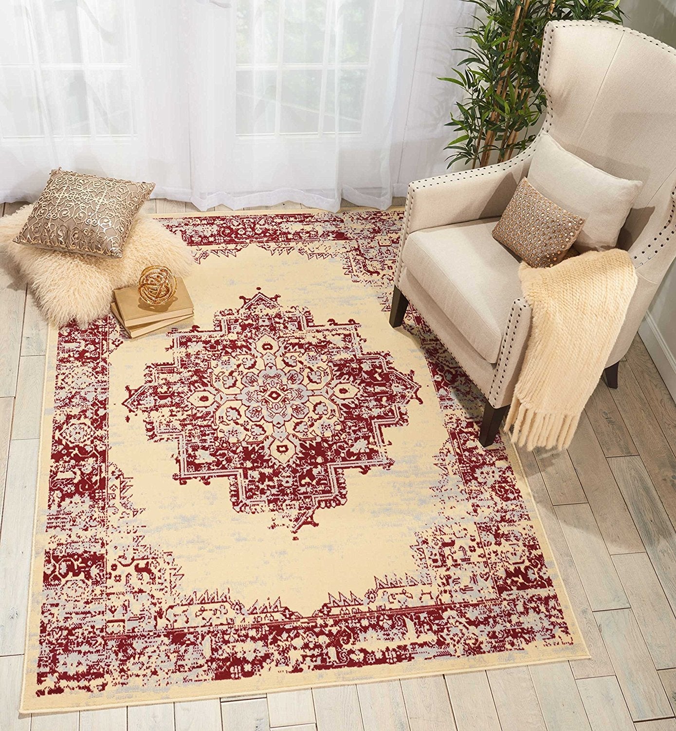Cream Red Distressed Persian Area Rugs