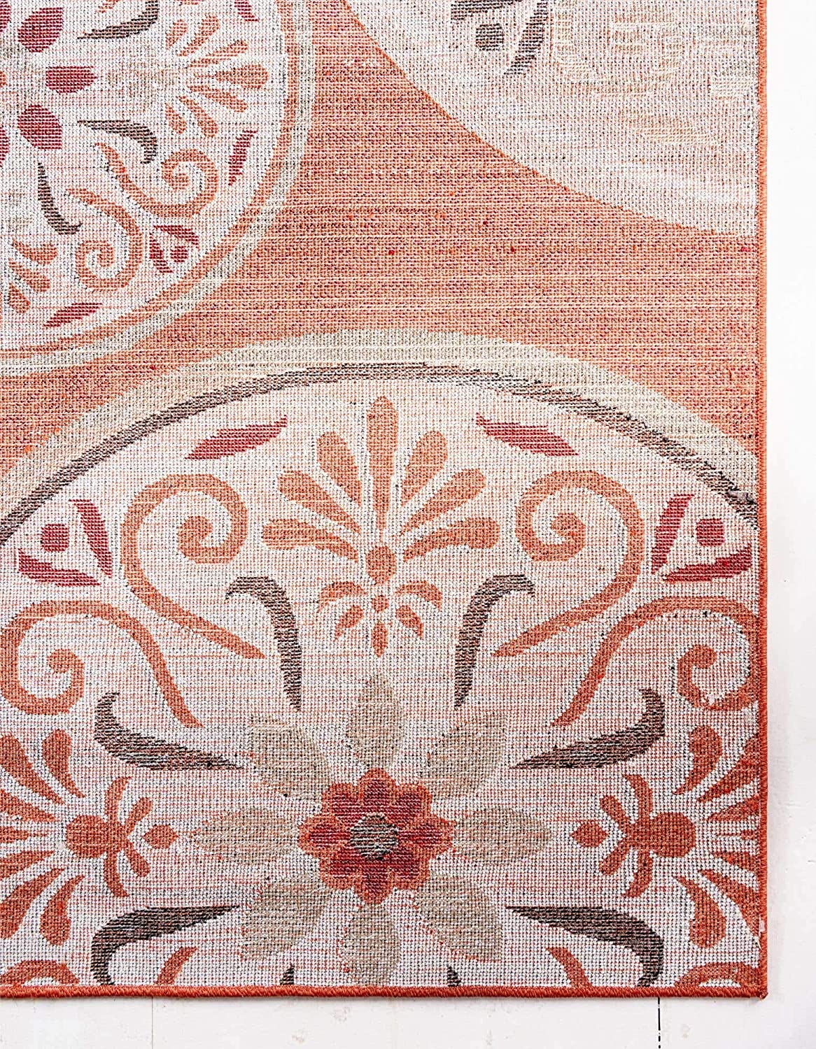 Carved Floral Transitional Indoor/ Outdoor Flat Weave Terracotta/Beige Area Rug