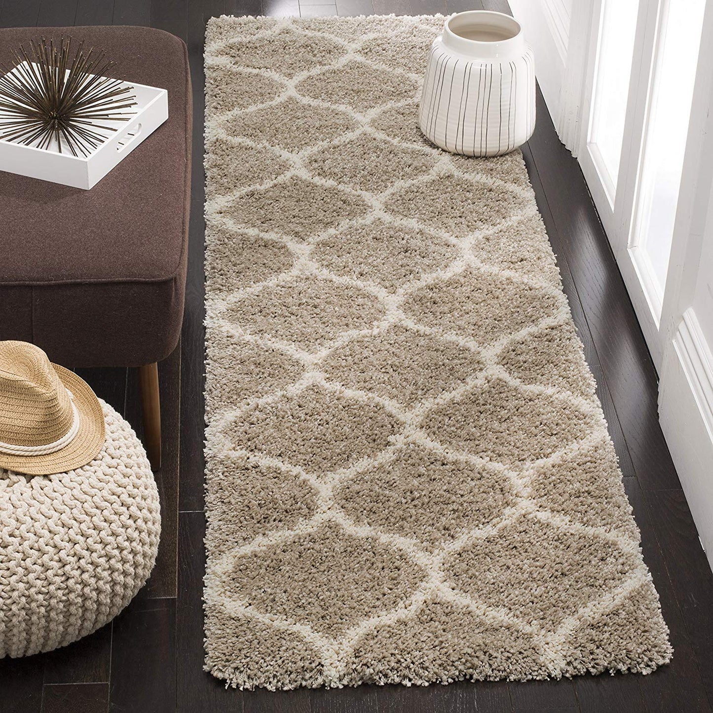 Moroccan Pattern Beige Ivory Plush Shag Area Rug