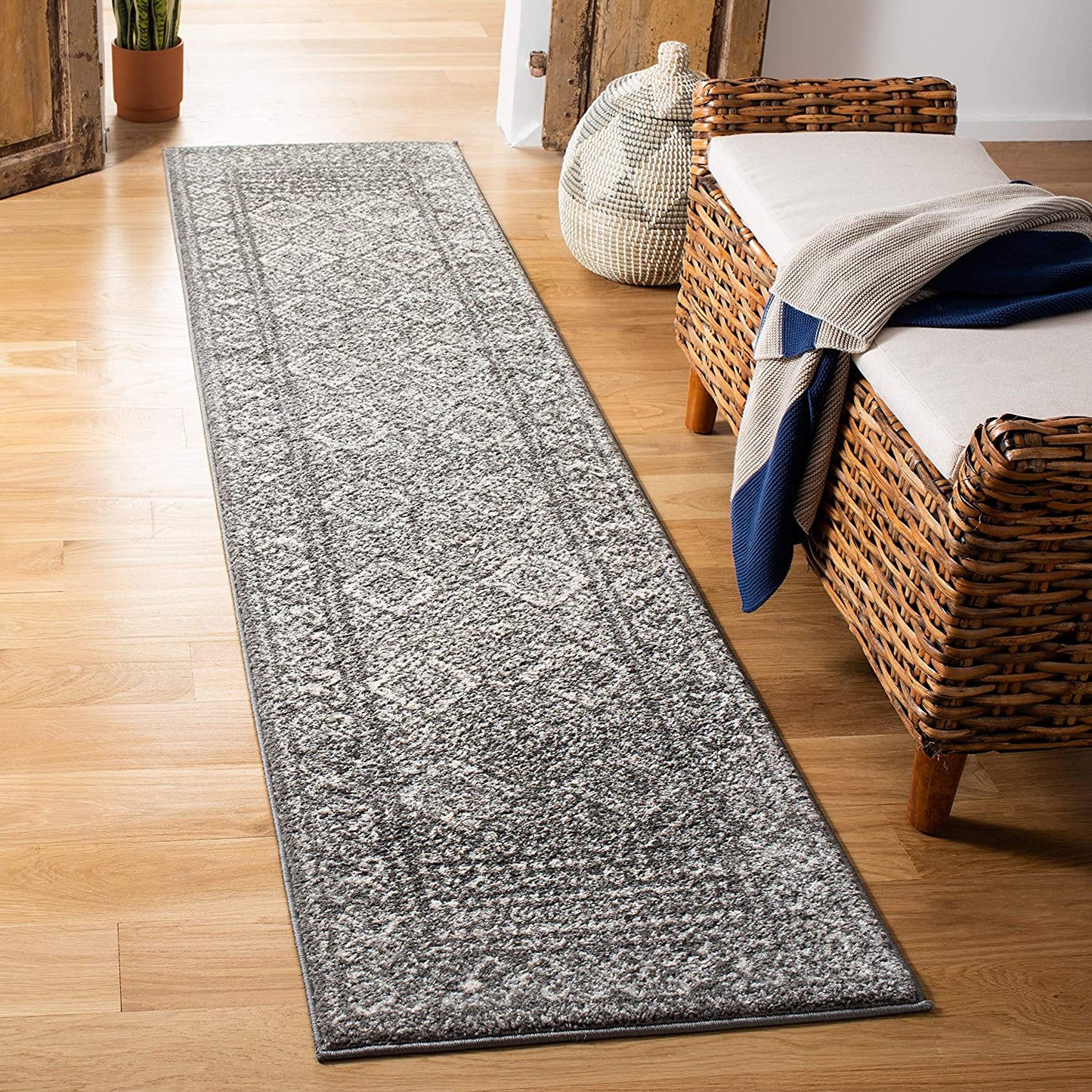 Moroccan Boho Distressed Area Rug Dark Grey / Ivory