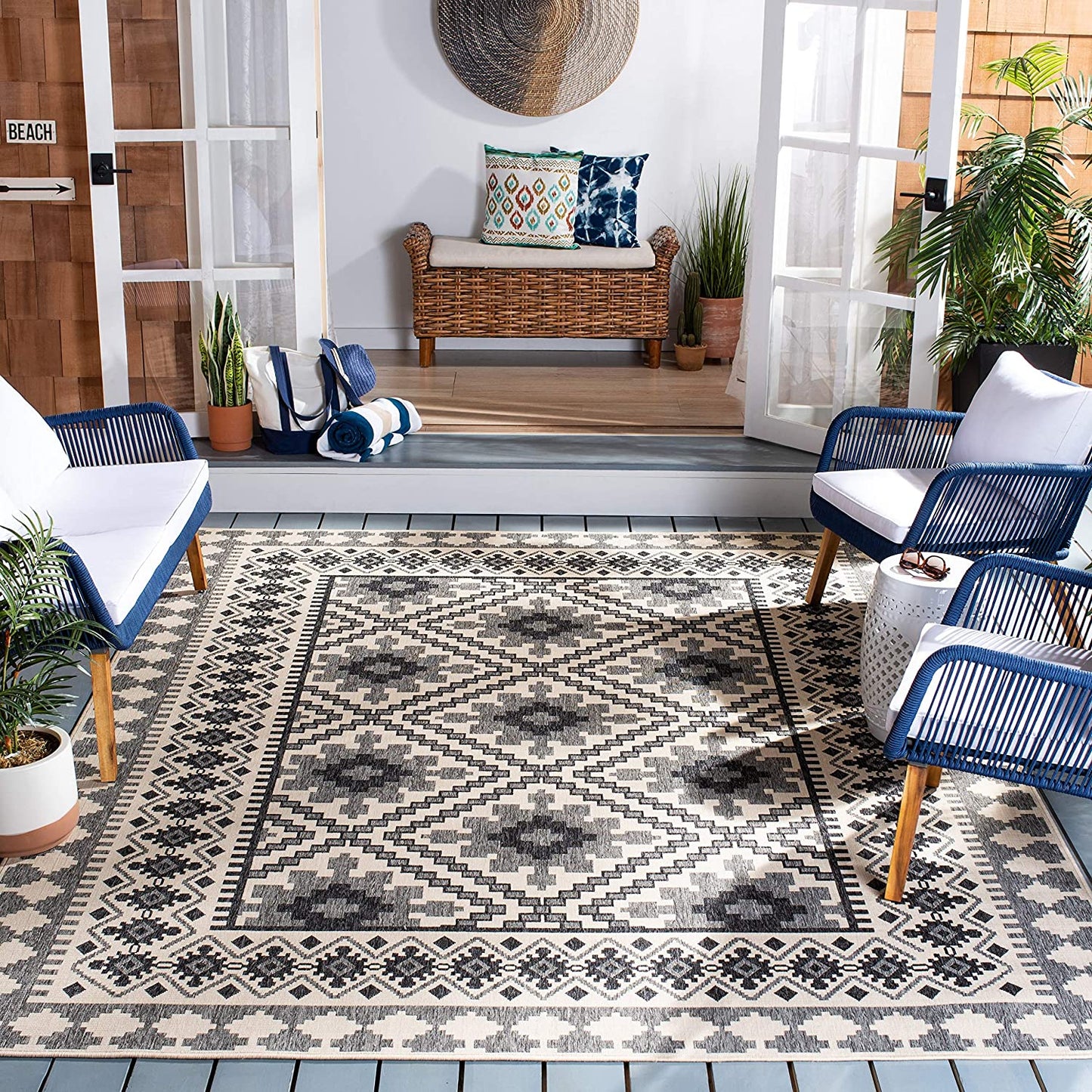 Boho Indoor/ Outdoor Patio Backyard Area Rug, Ivory / Slate
