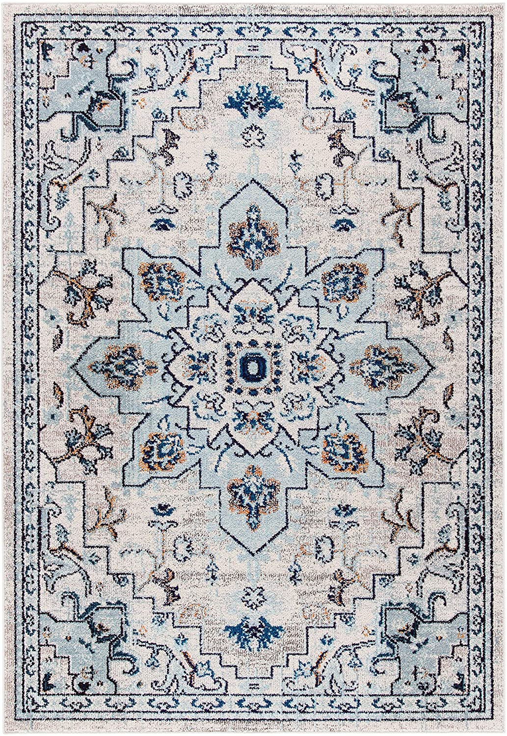 Boho Chic Medallion Distressed Soft Area Rug, Ivory / Light Blue