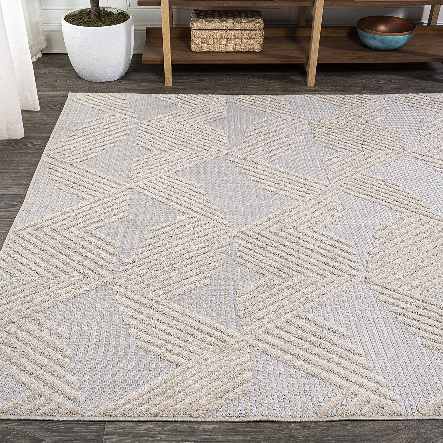 Jazz High-Low Pile Art Deco Geometric Indoor/Outdoor Beige Area Rug
