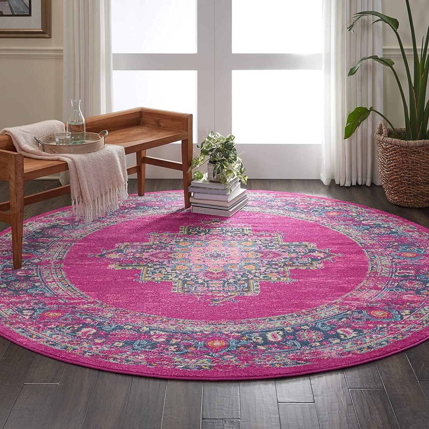Medallion Distressed Blue Magenta Soft Area Rug