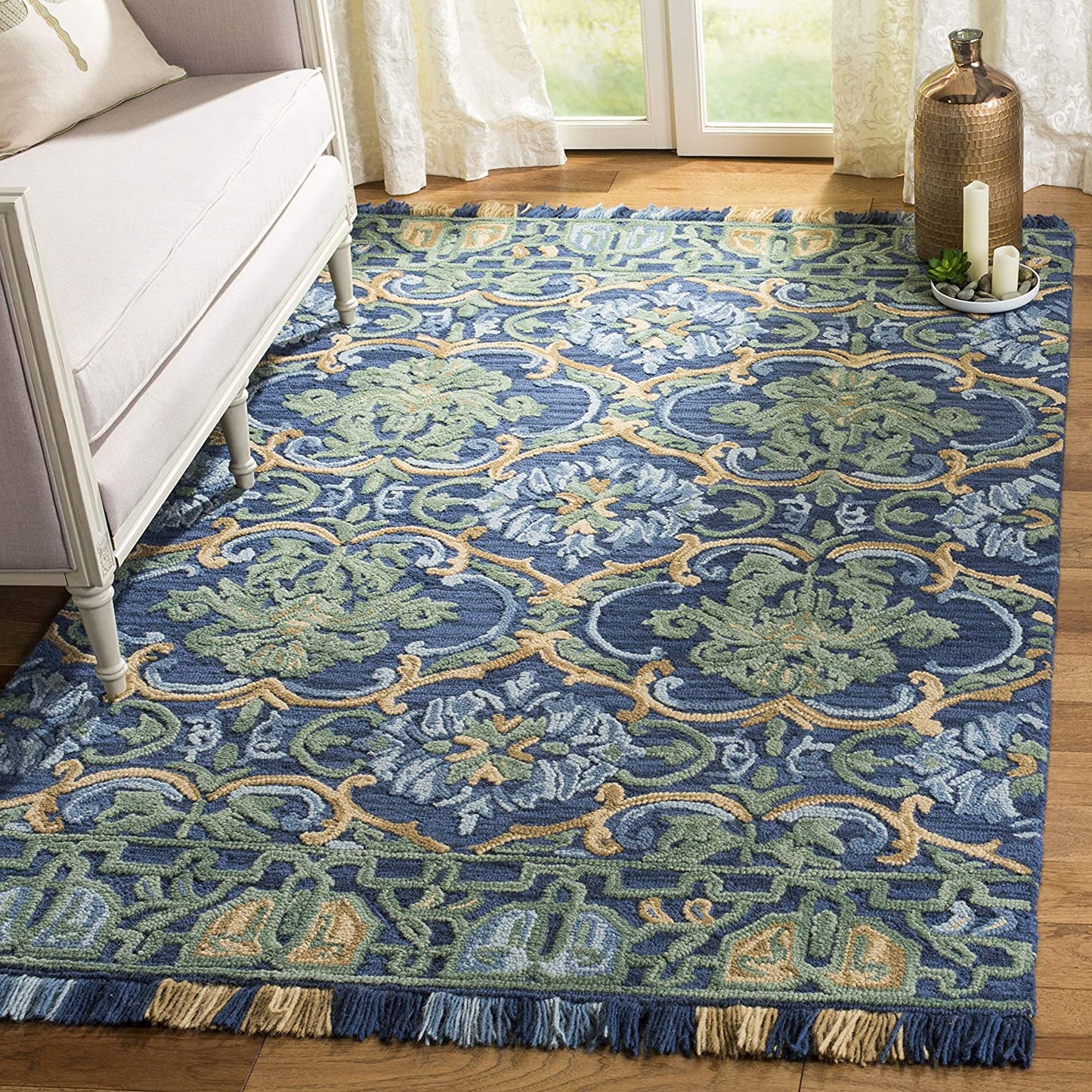 Handmade Fringe Premium Wool Area Rug, Navy / Green