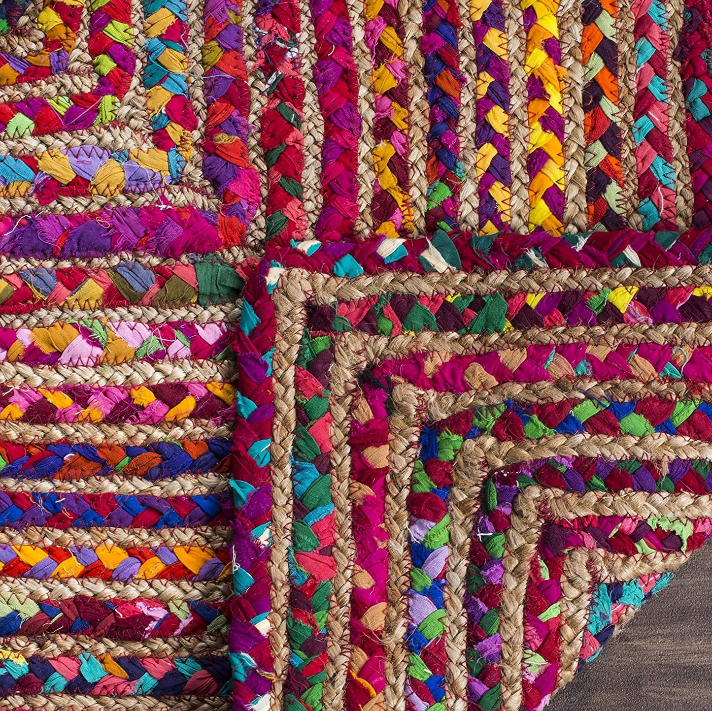 Handmade Boho Braided Jute & Cotton Area Rug, Red / Multi