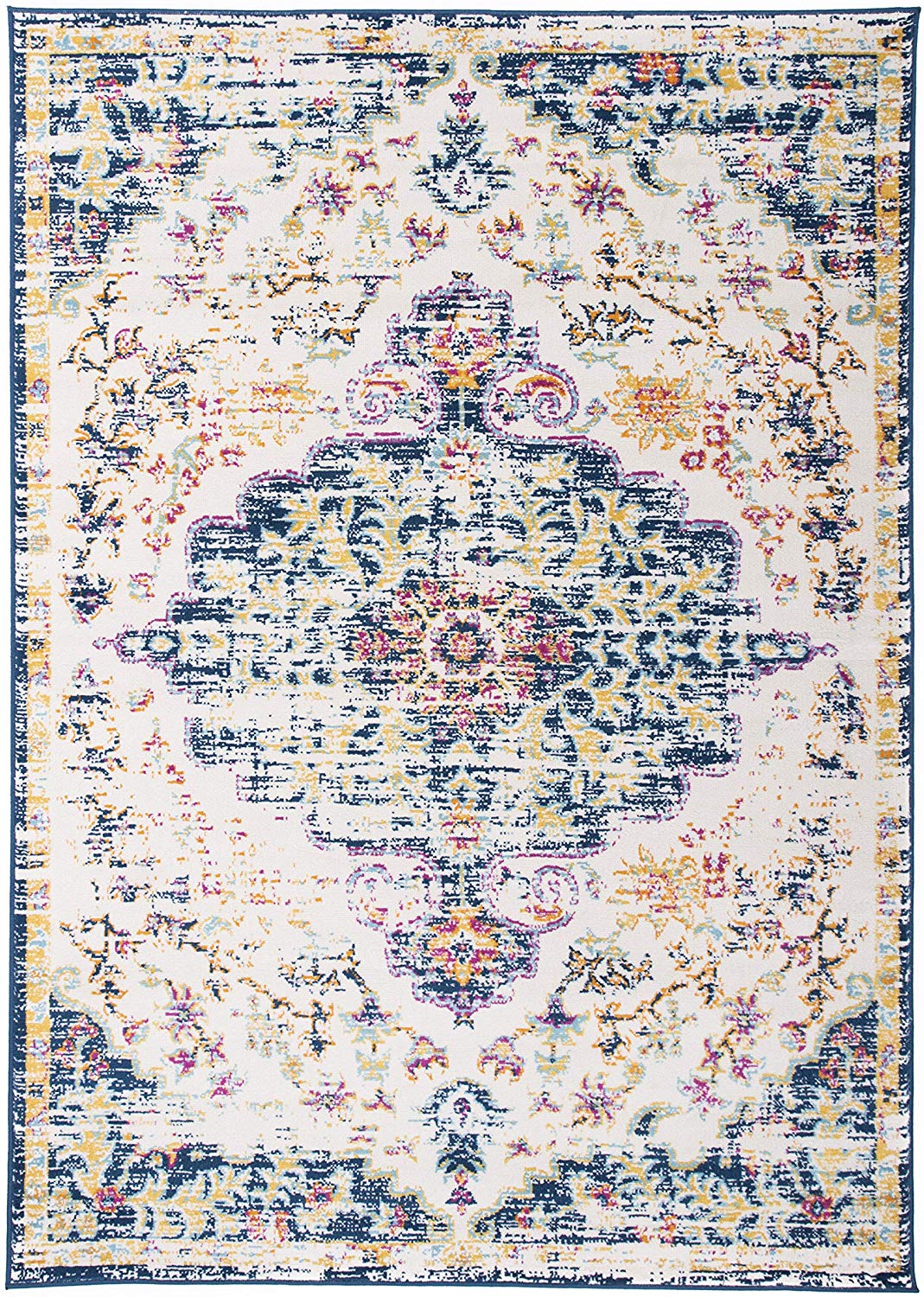 Vintage Medallion Floral Ivory Dark Blue Soft Area Rug