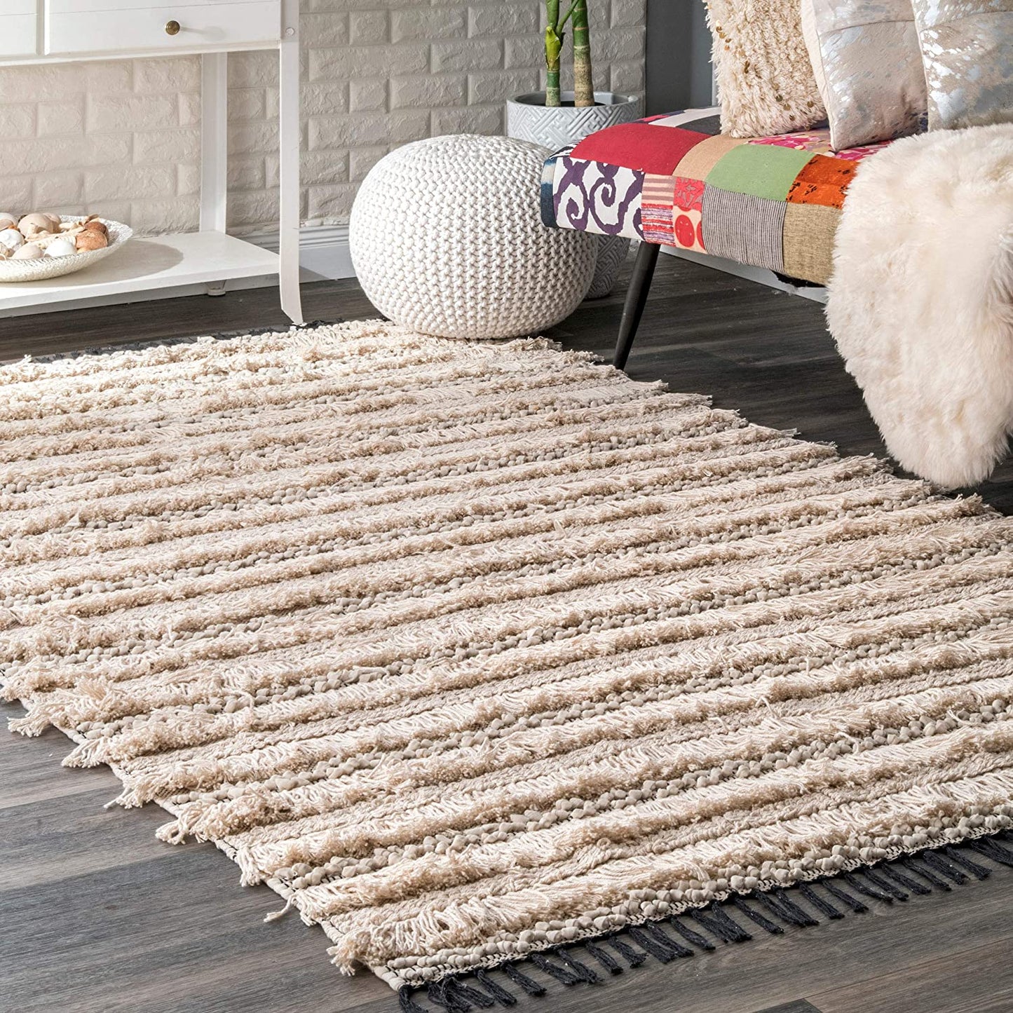 Emerita Tassel Shag Area Rug, Beige