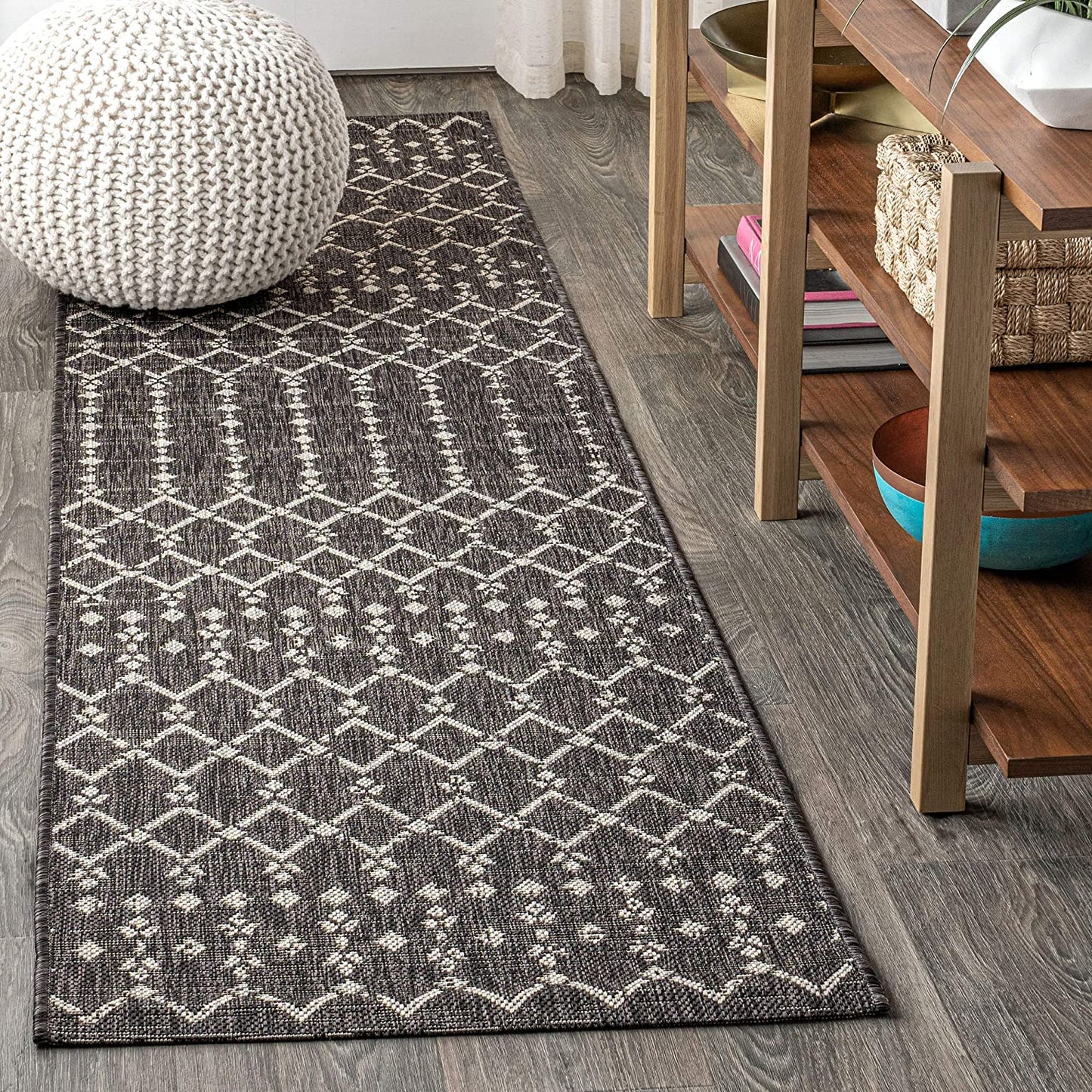 Moroccan Geometric Textured Weave Indoor/Outdoor Black/Gray Area Rug