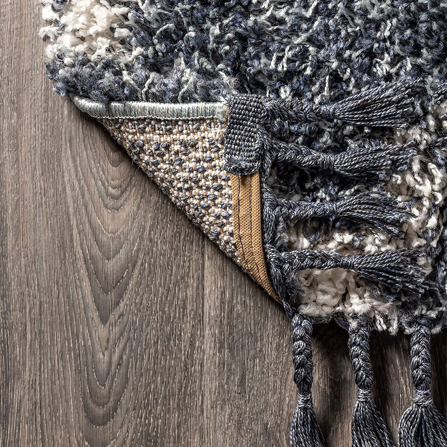 Mercer Plush Tassel Moroccan Tribal Geometric Trellis Denim Blue/Cream Shag Area Rug