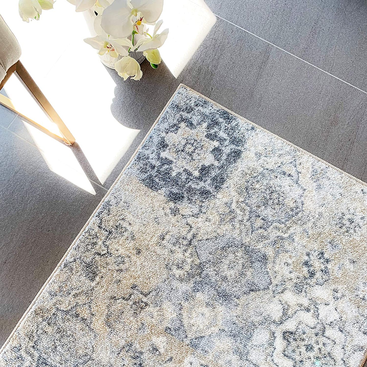 Maples Rugs Vintage Patchwork Distressed Non Skid Washable Throw Rugs Grey