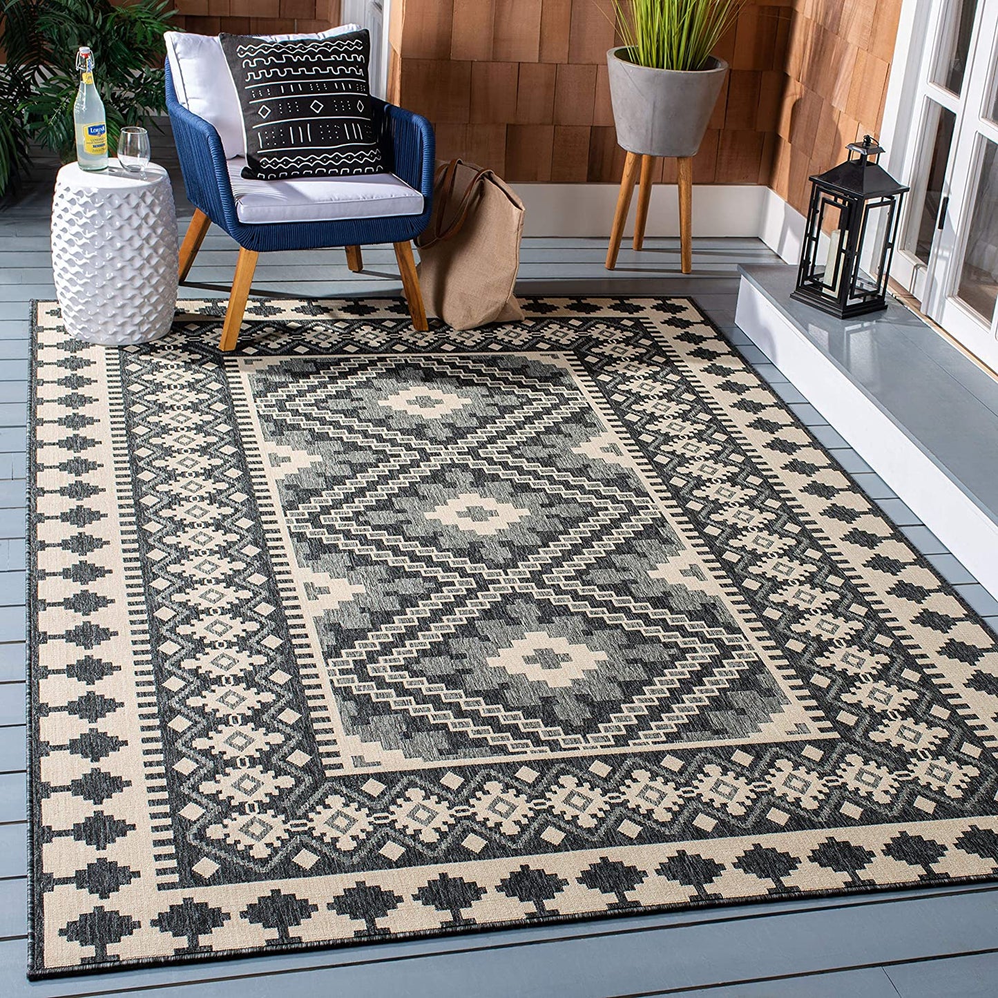Boho Indoor/ Outdoor Patio Backyard Area Rug, Ivory / Grey