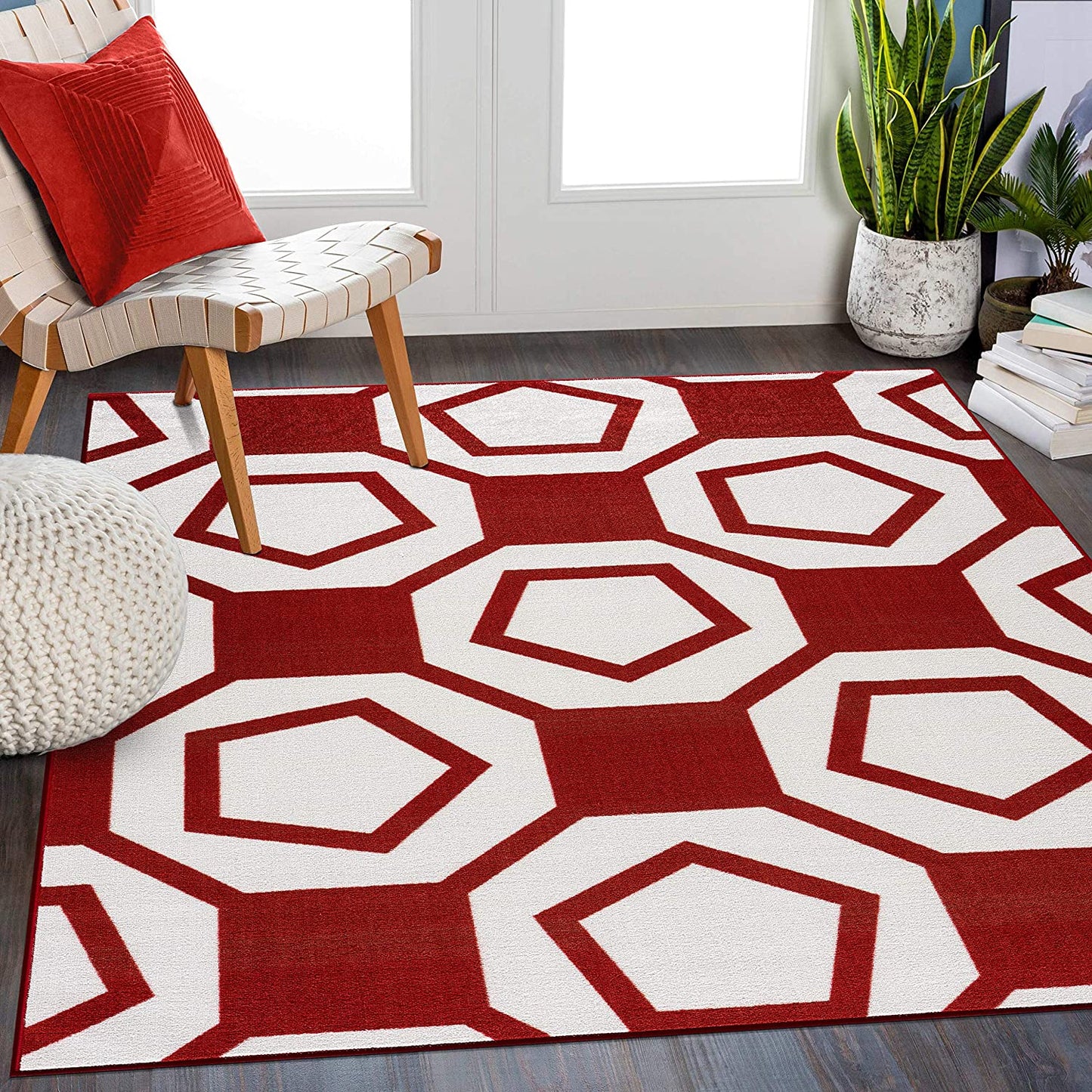 Modern Geometric Soft Area Rug - Non Slip - Burgundy
